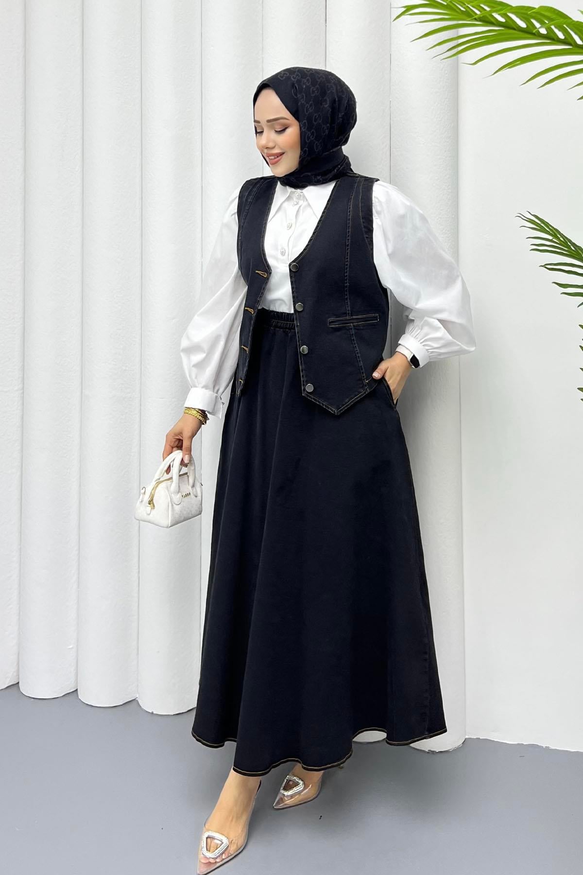 Denim Yelekli Etekli Tesettür Takım-SİYAH