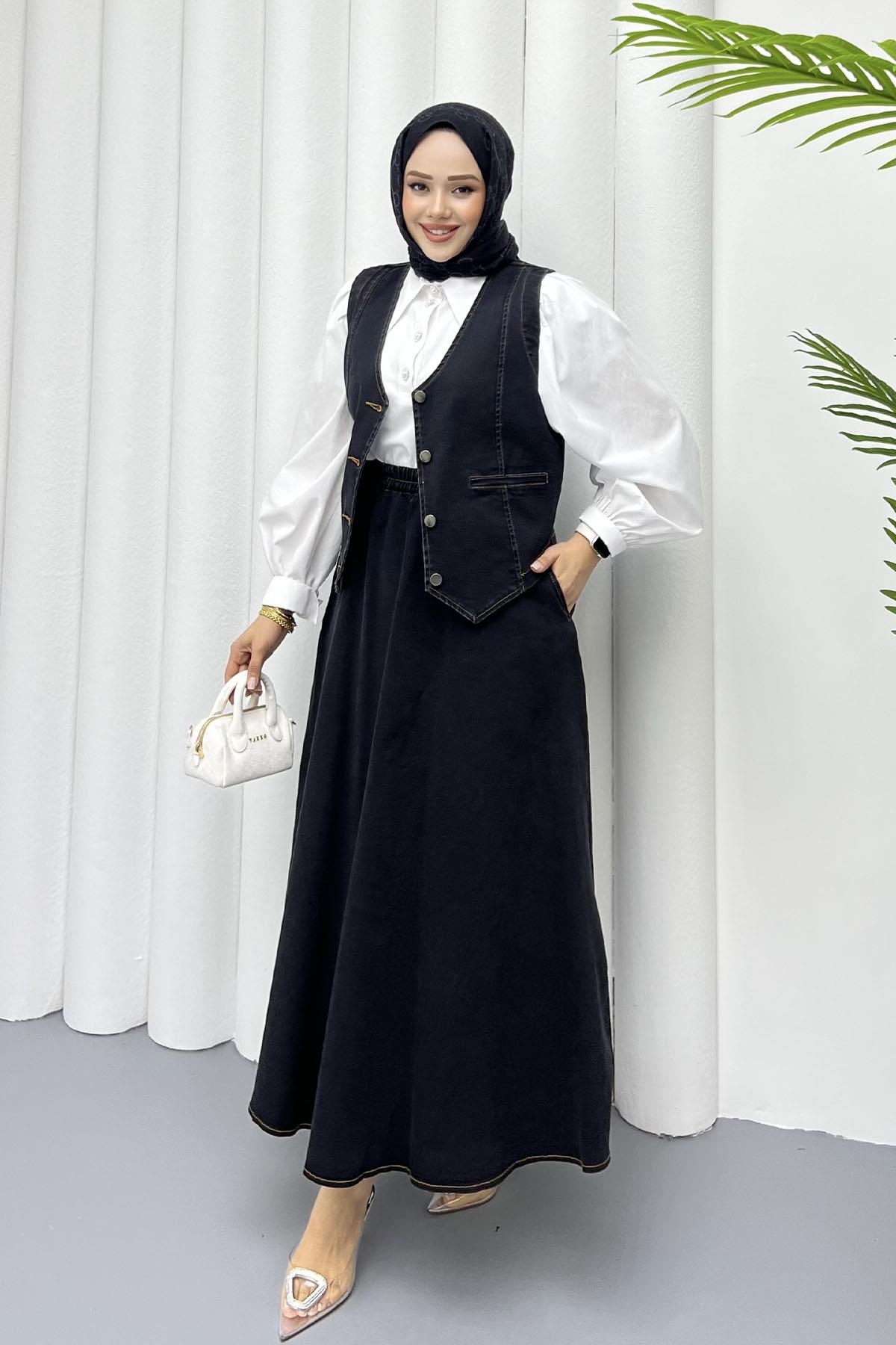 Denim Yelekli Etekli Tesettür Takım-SİYAH