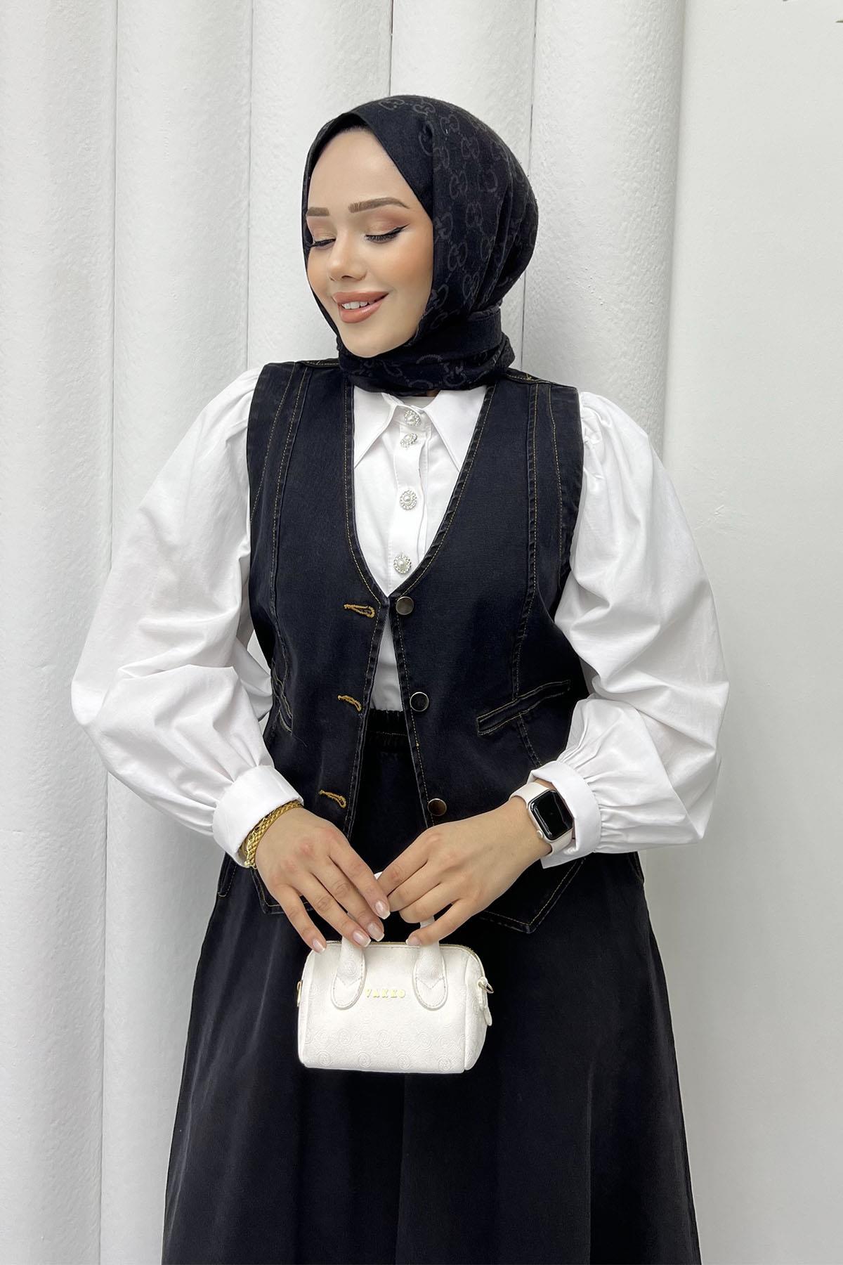 Denim Yelekli Etekli Tesettür Takım-SİYAH