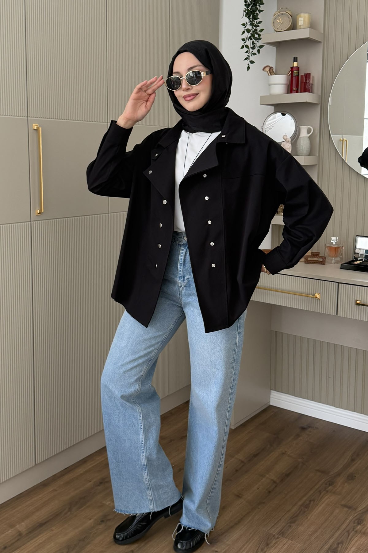 Dik Yaka Çıtçıt Düğmeli Gabardin Ceket-SİYAH
