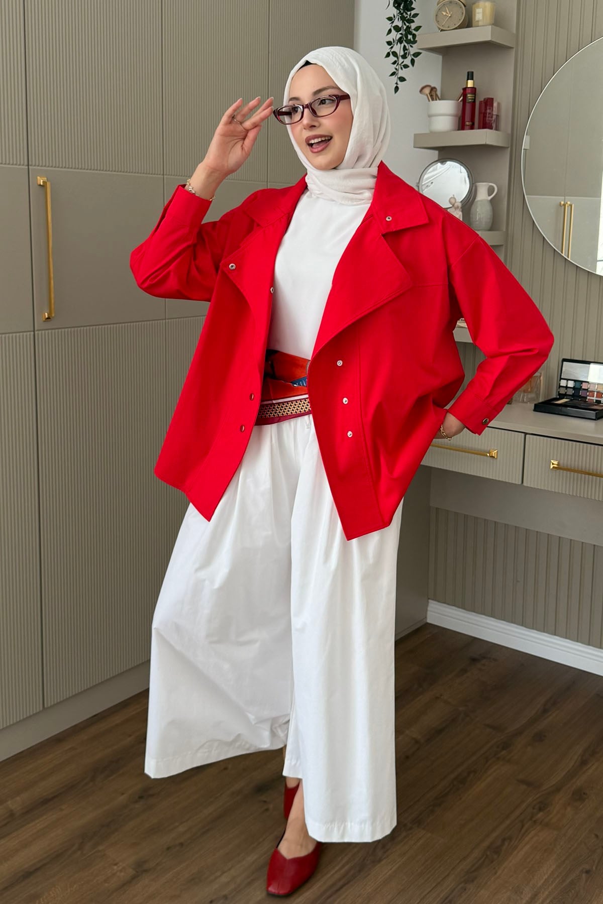 Dik Yaka Çıtçıt Düğmeli Gabardin Ceket-KIRMIZI