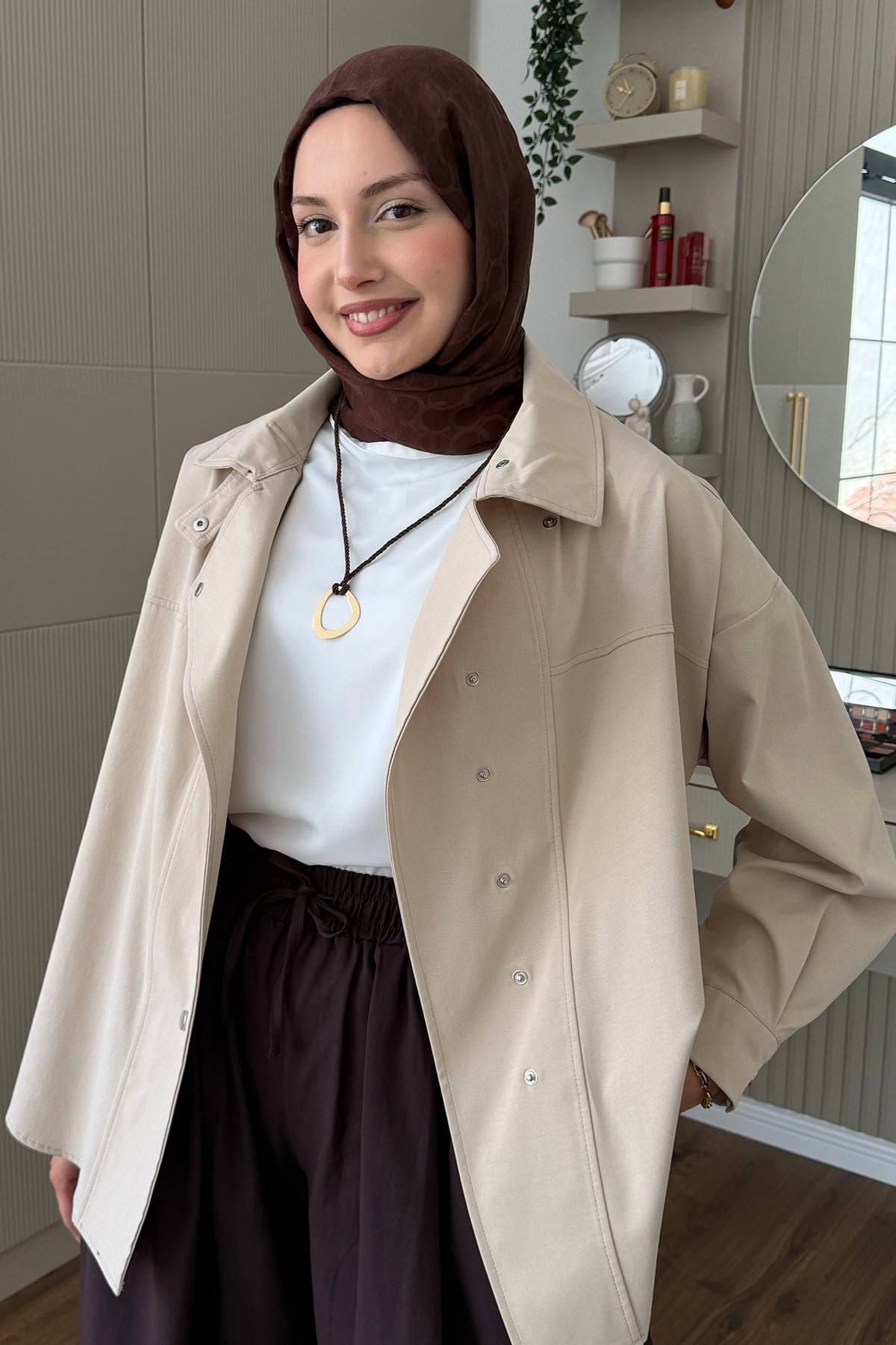 Dik Yaka Çıtçıt Düğmeli Gabardin Ceket-TAŞ