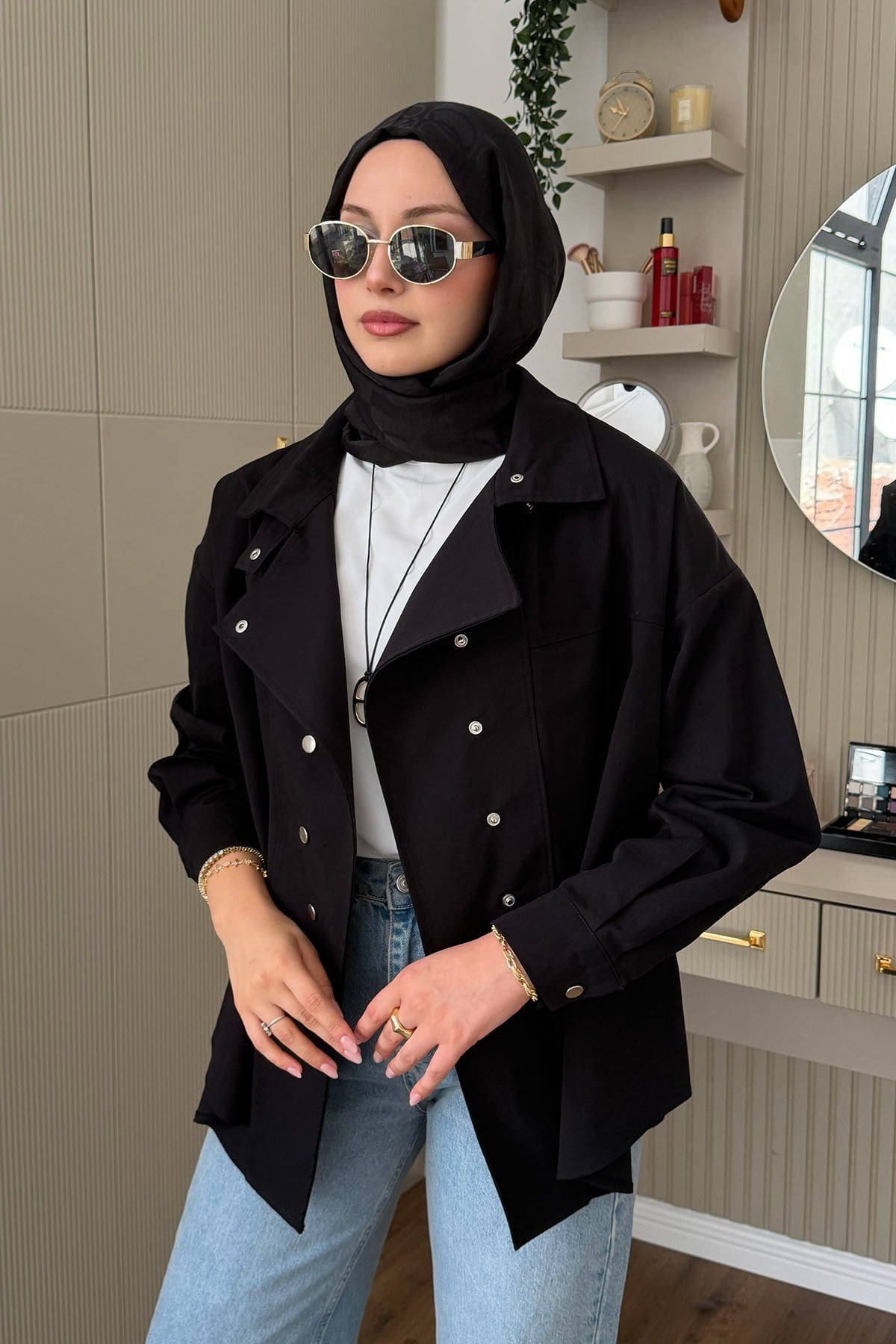 Dik Yaka Çıtçıt Düğmeli Gabardin Ceket-SİYAH