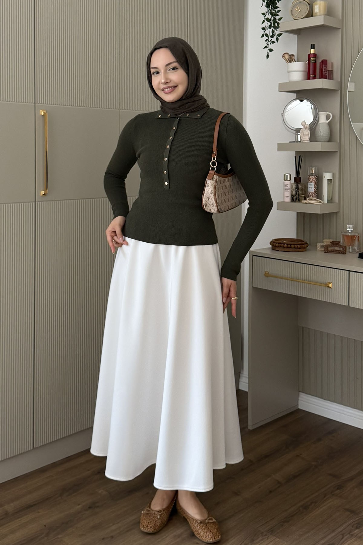 Dik Yaka Çıtçıtlı Triko Kazak-HAKİ YEŞİL