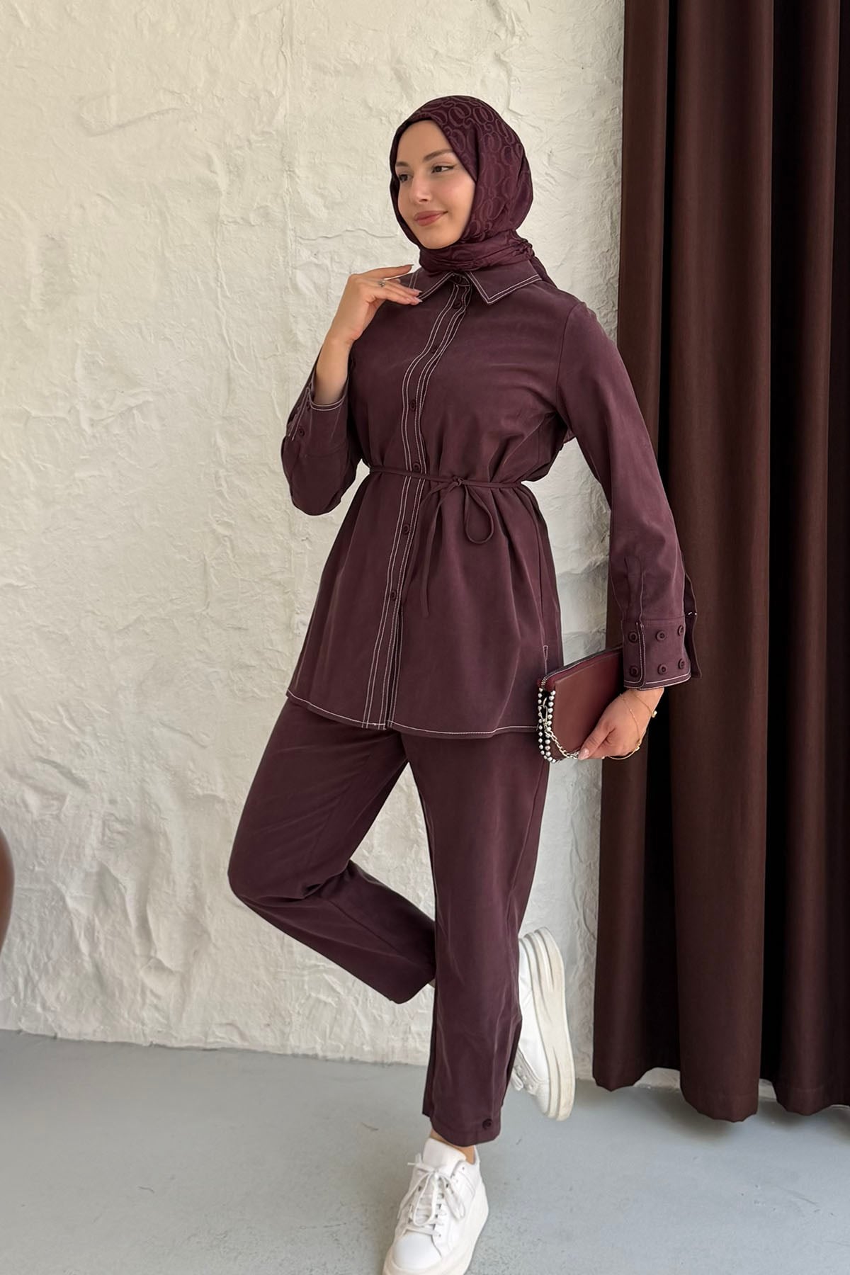 Dikiş Detaylı Gömlek Pantolon Tesettür Takım-BORDO