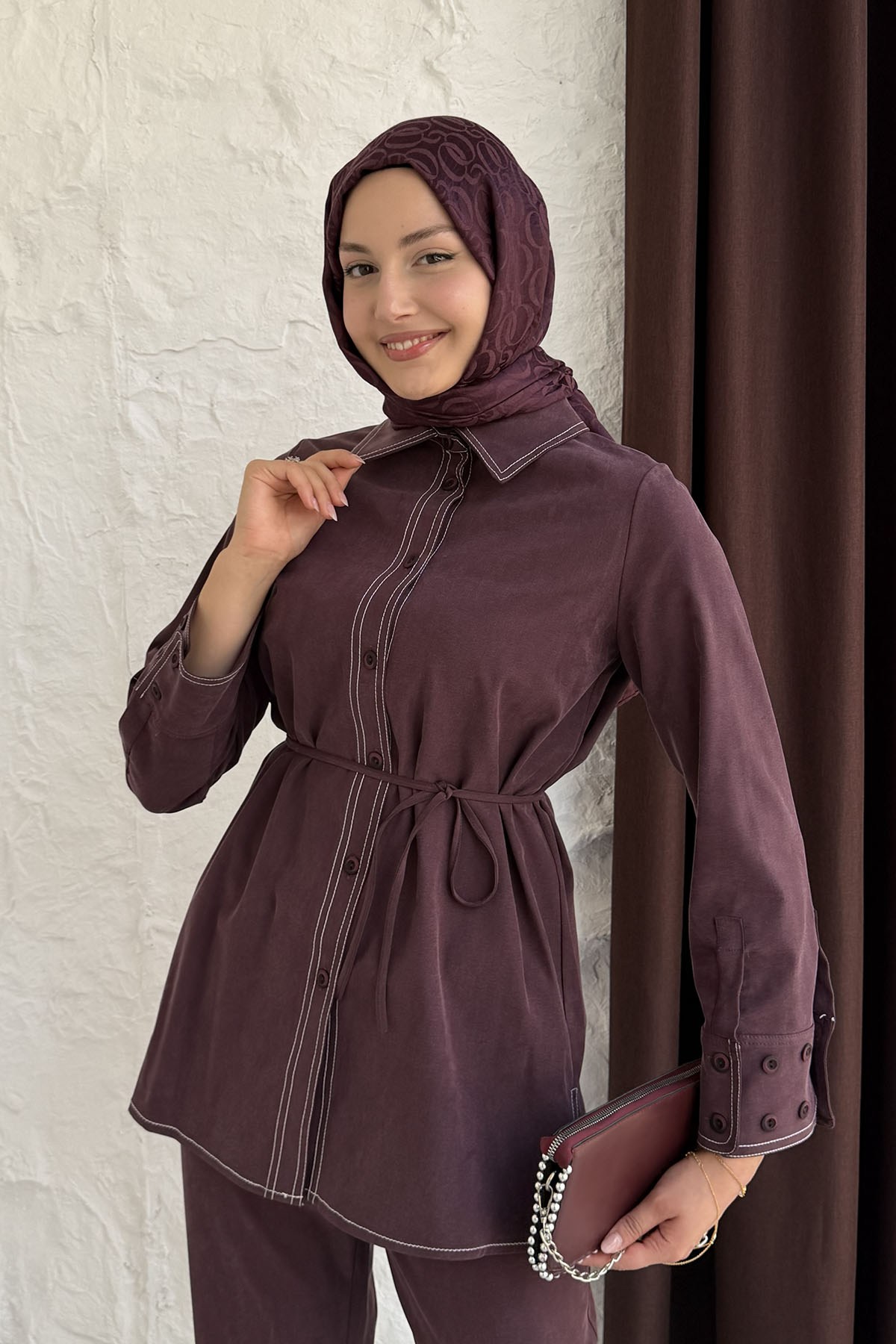 Dikiş Detaylı Gömlek Pantolon Tesettür Takım-BORDO