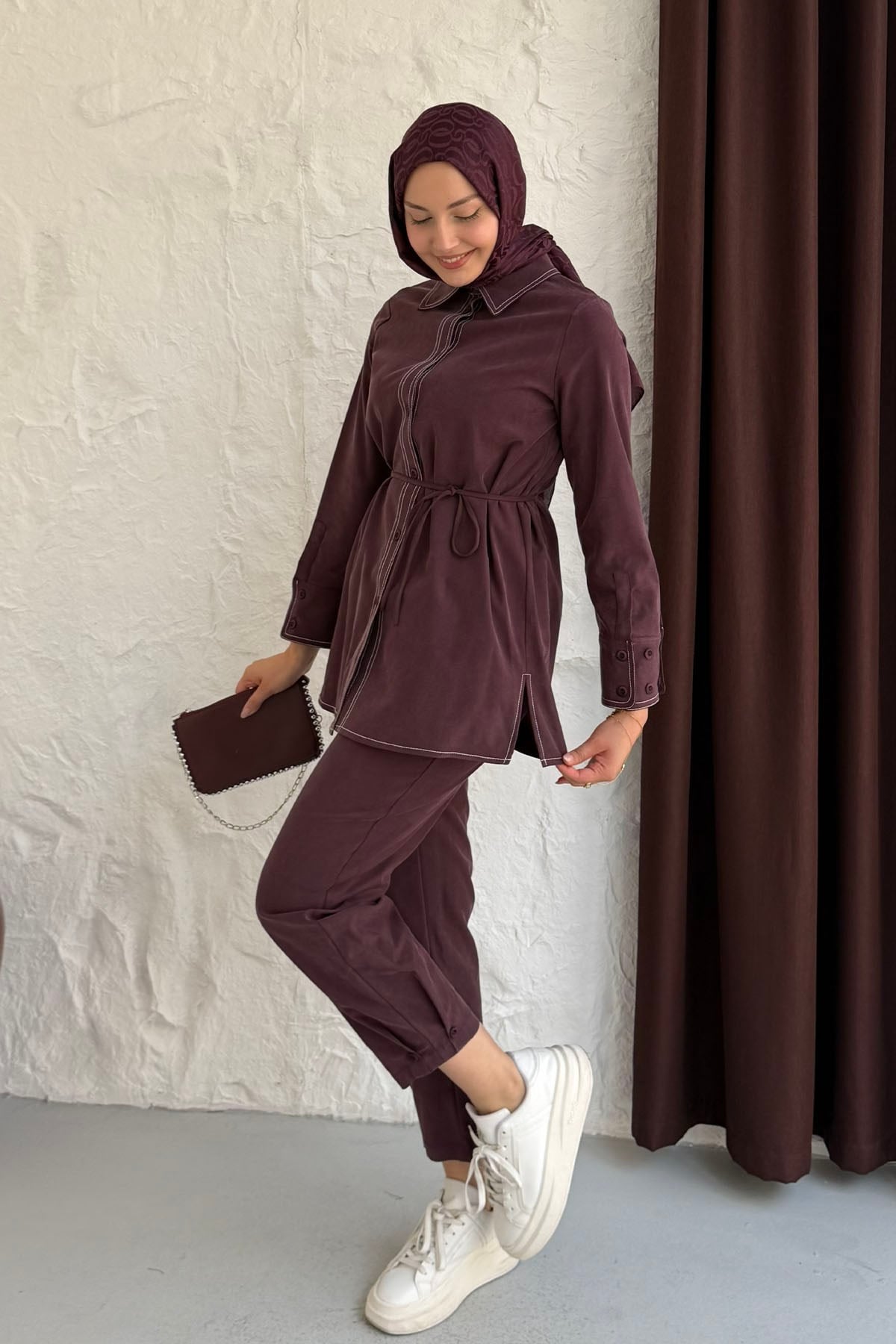 Dikiş Detaylı Gömlek Pantolon Tesettür Takım-BORDO