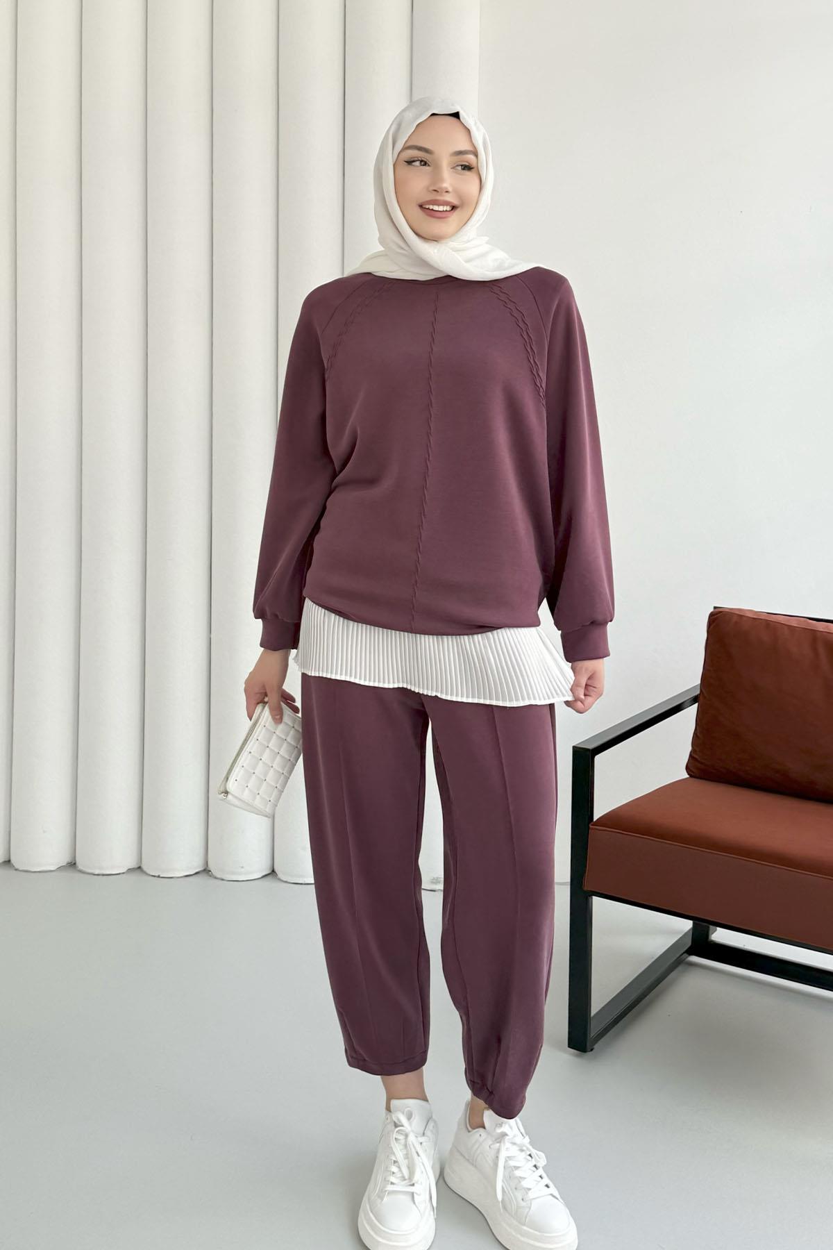 Dikiş Detaylı Oysho Kumaş Pantolonlu Tesettür Takım-BORDO