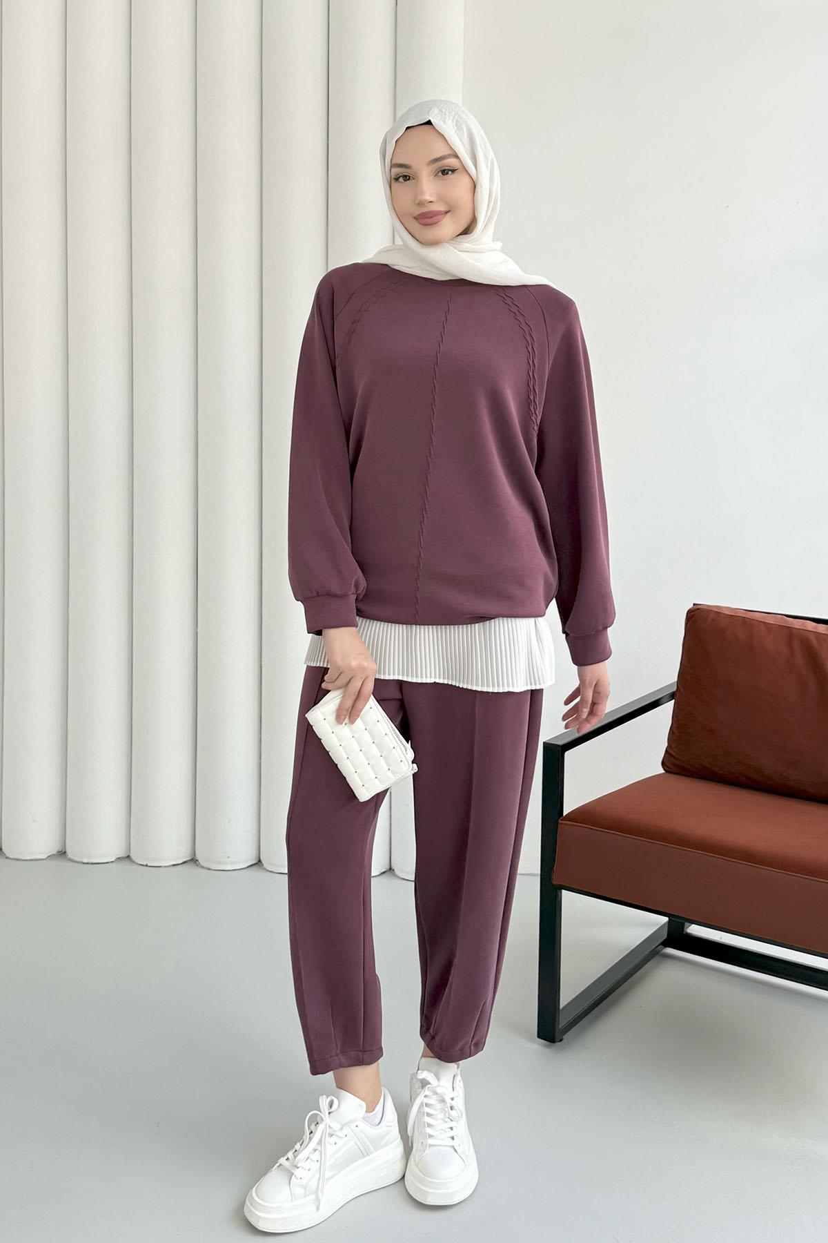 Dikiş Detaylı Oysho Kumaş Pantolonlu Tesettür Takım-BORDO