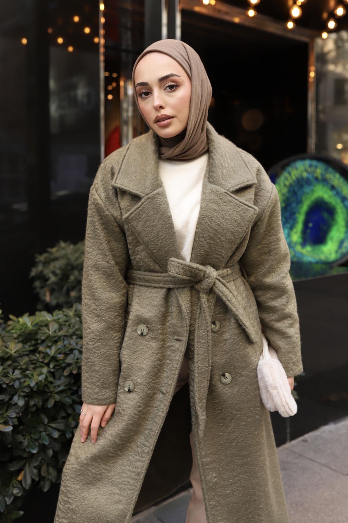 Düğme Detaylı Premium Kumaş Kaban-HAKİ YEŞİL