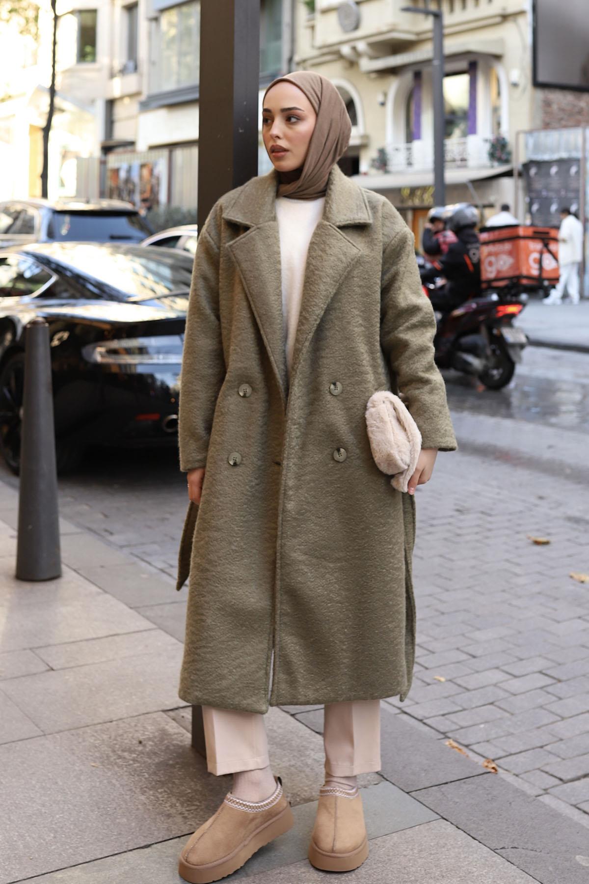 Düğme Detaylı Premium Kumaş Kaban-HAKİ YEŞİL