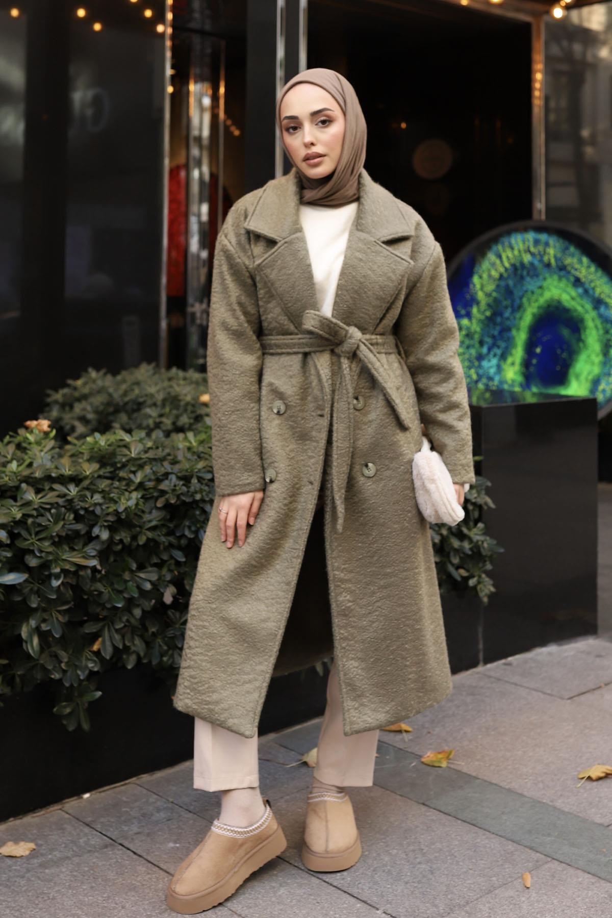 Düğme Detaylı Premium Kumaş Kaban-HAKİ YEŞİL