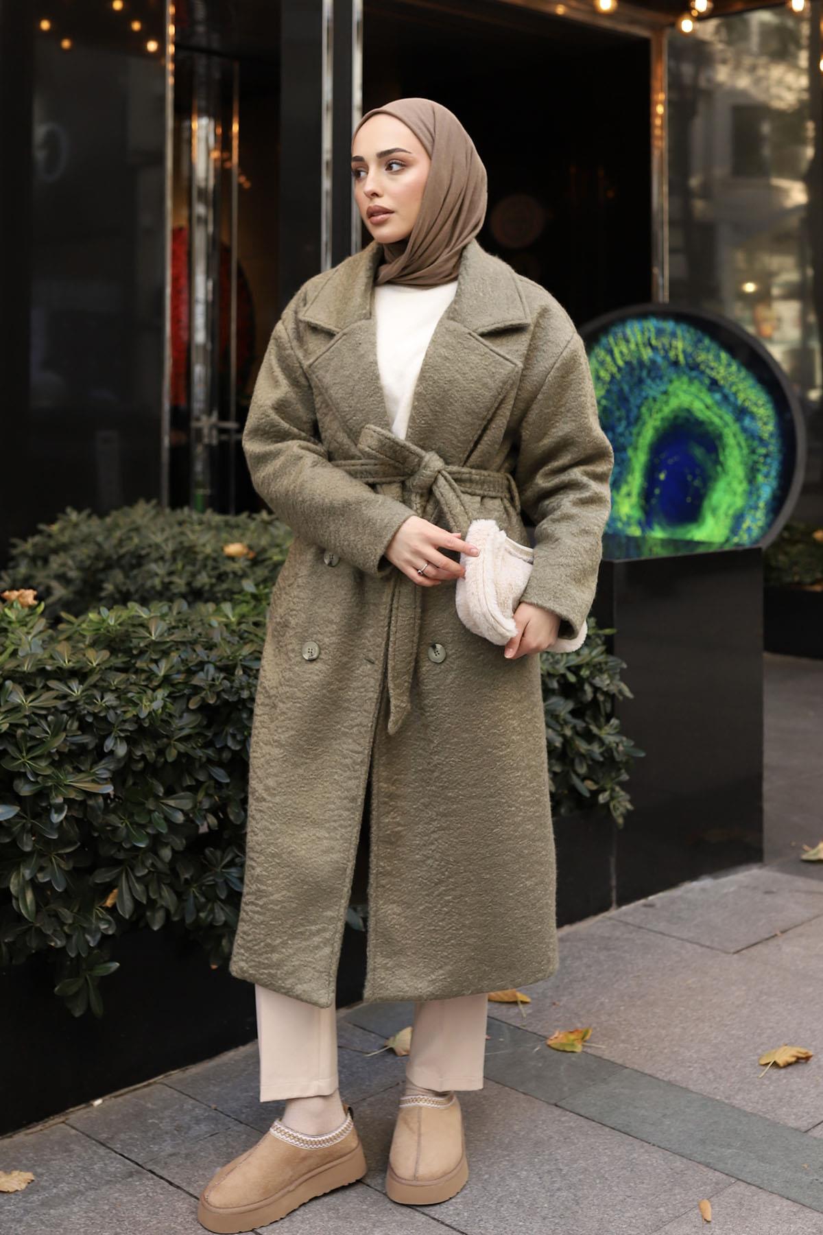 Düğme Detaylı Premium Kumaş Kaban-HAKİ YEŞİL