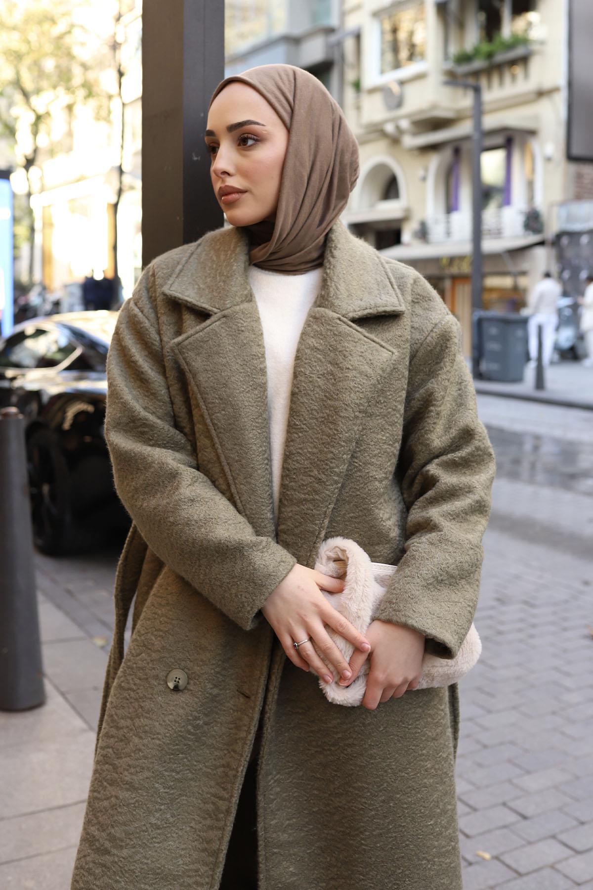 Düğme Detaylı Premium Kumaş Kaban-HAKİ YEŞİL