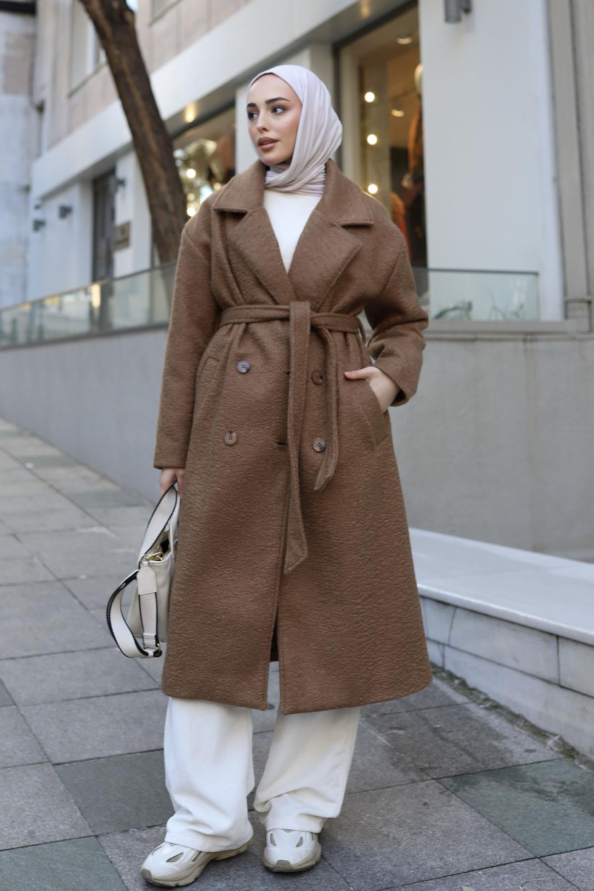 Düğme Detaylı Premium Kumaş Kaban-TOPRAK