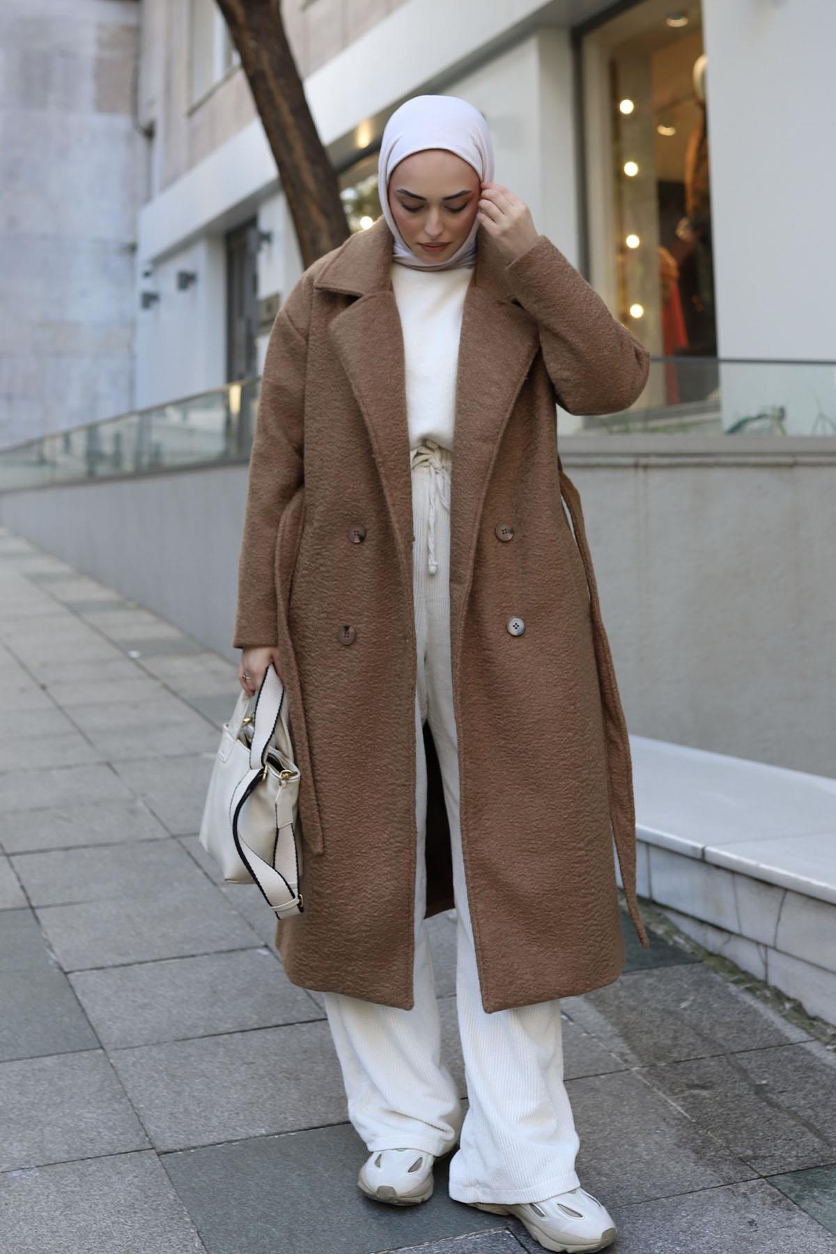 Düğme Detaylı Premium Kumaş Kaban-TOPRAK