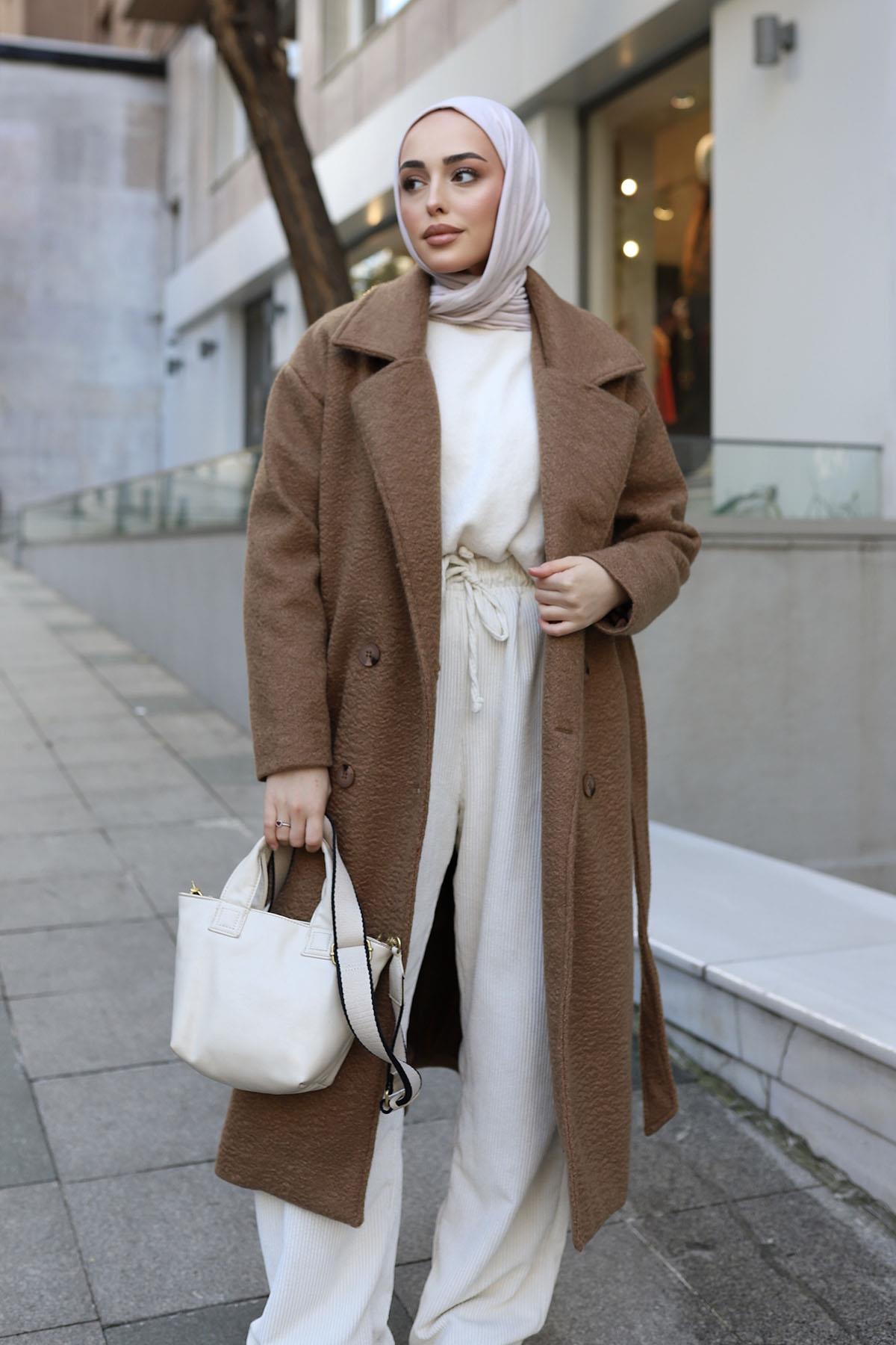 Düğme Detaylı Premium Kumaş Kaban-TOPRAK