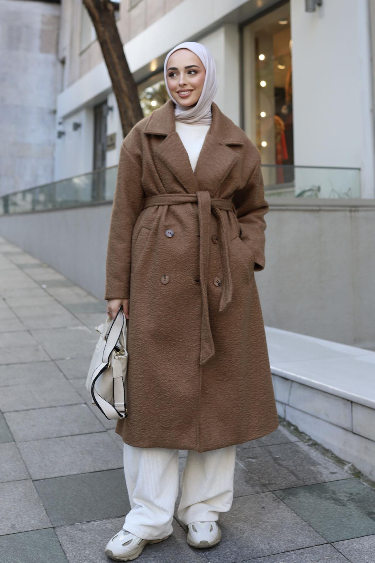 Düğme Detaylı Premium Kumaş Kaban-TOPRAK