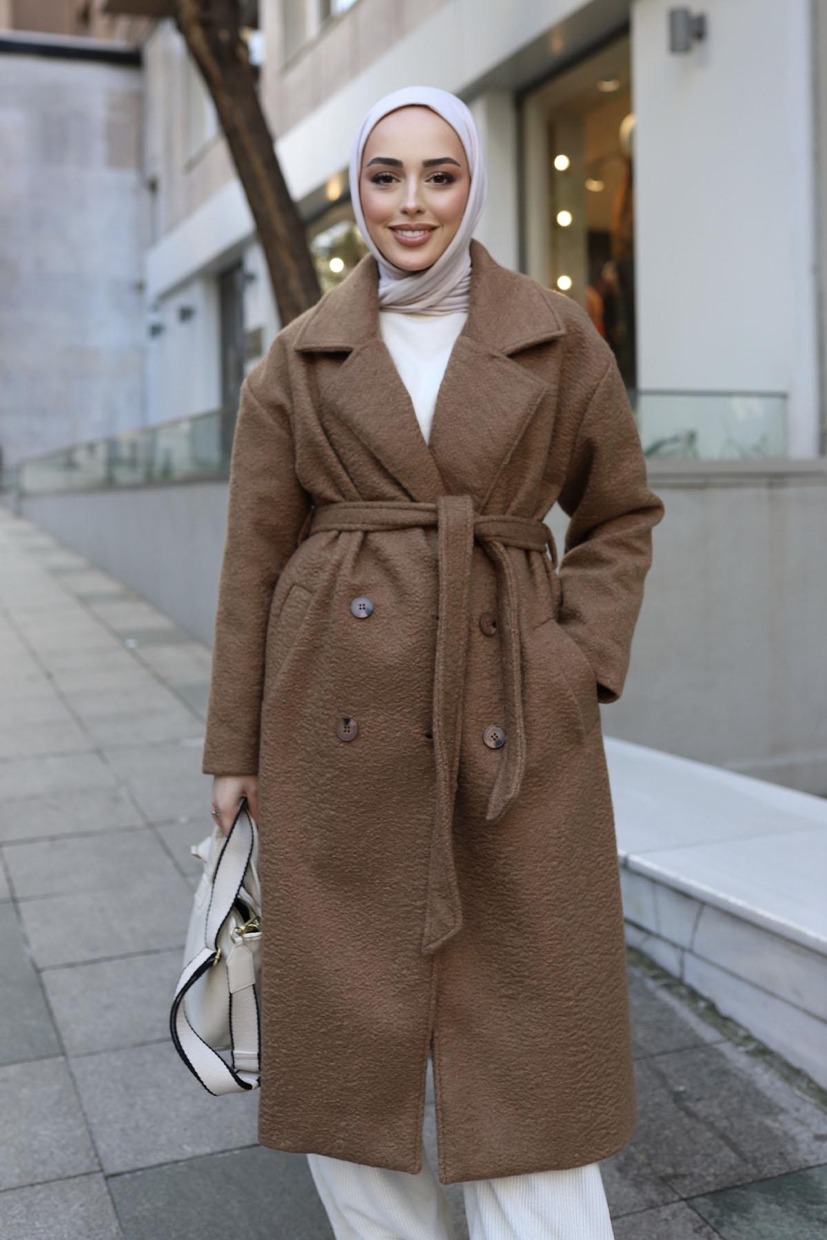 Düğme Detaylı Premium Kumaş Kaban-TOPRAK