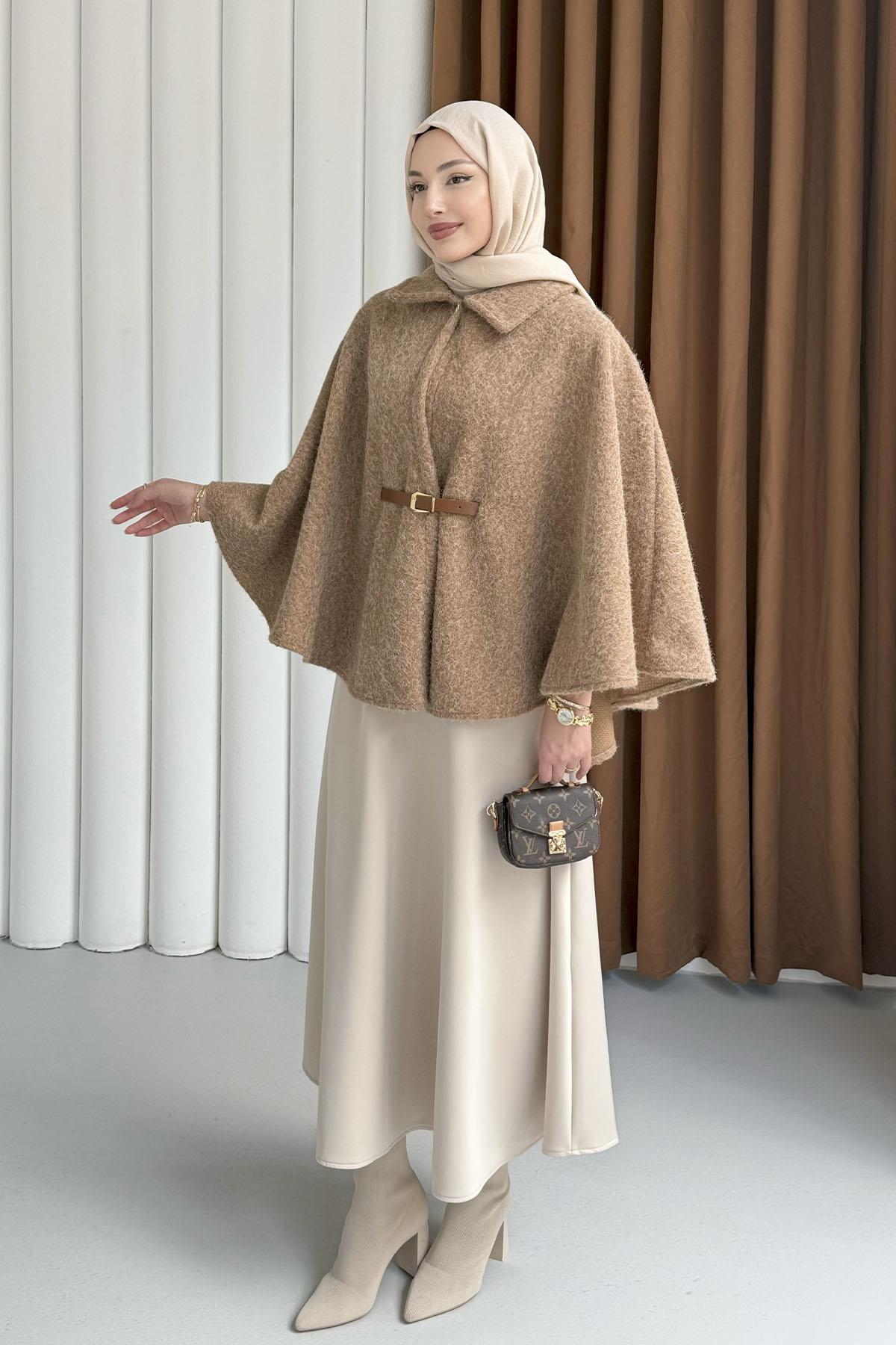 Düğmeli Kemer Detaylı Kırçıllı Kaşe Pelerin Panço-TOPRAK