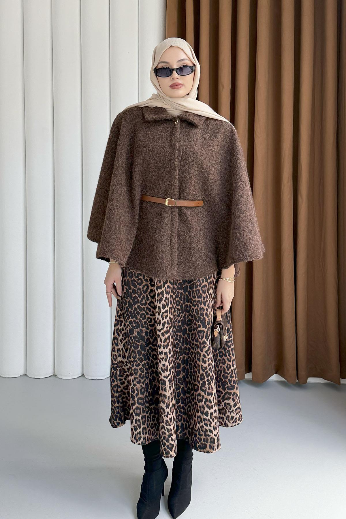 Düğmeli Kemer Detaylı Kırçıllı Kaşe Pelerin Panço-ACI KAHVE