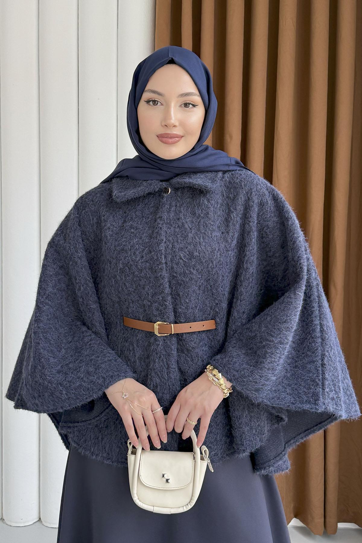 Düğmeli Kemer Detaylı Kırçıllı Kaşe Pelerin Panço-LACİVERT