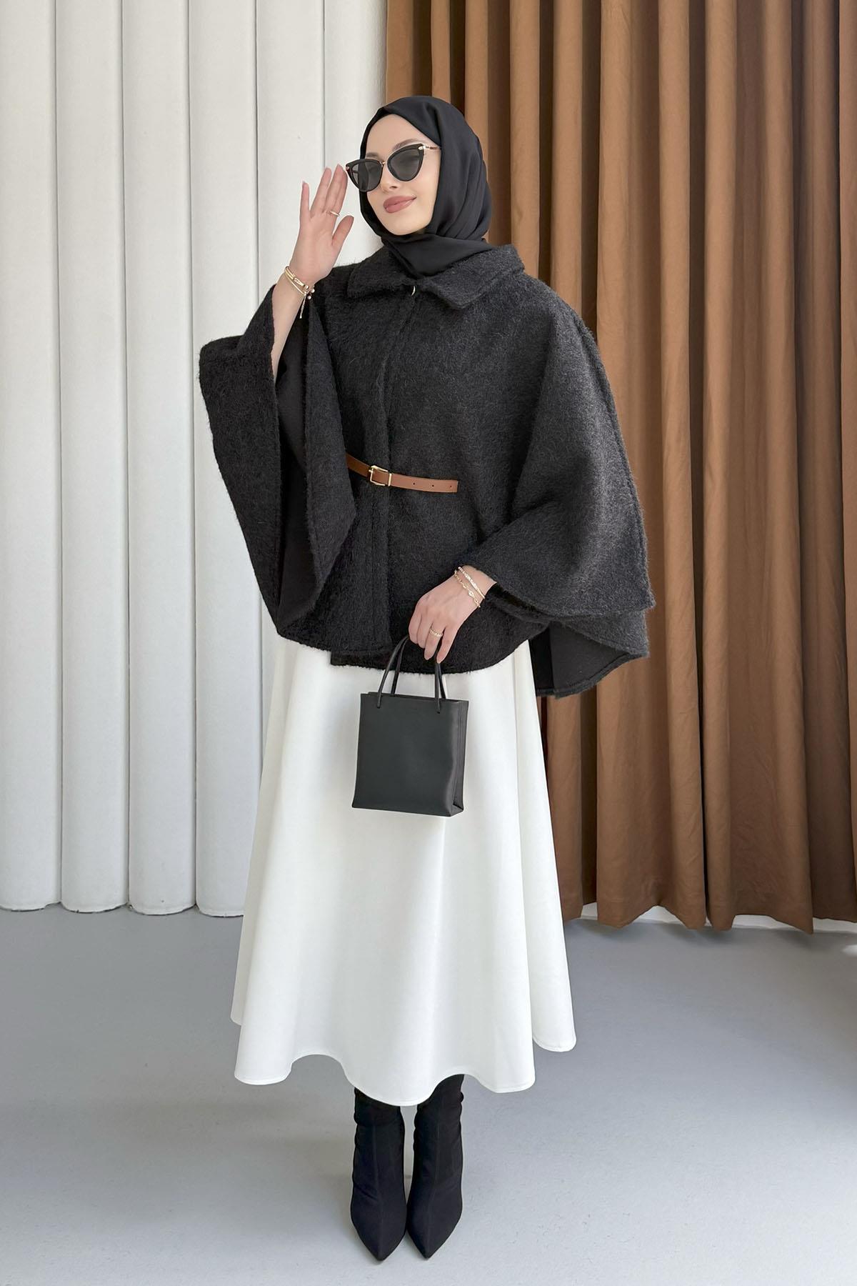 Düğmeli Kemer Detaylı Kırçıllı Kaşe Pelerin Panço-SİYAH