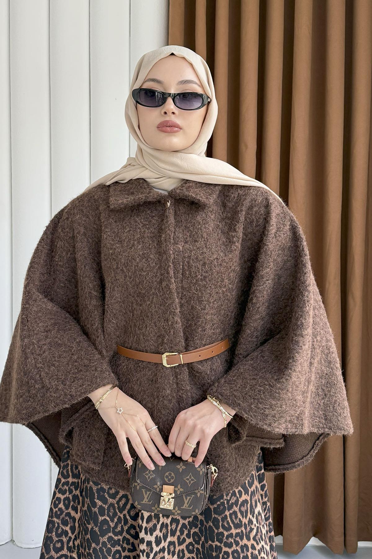 Düğmeli Kemer Detaylı Kırçıllı Kaşe Pelerin Panço-ACI KAHVE