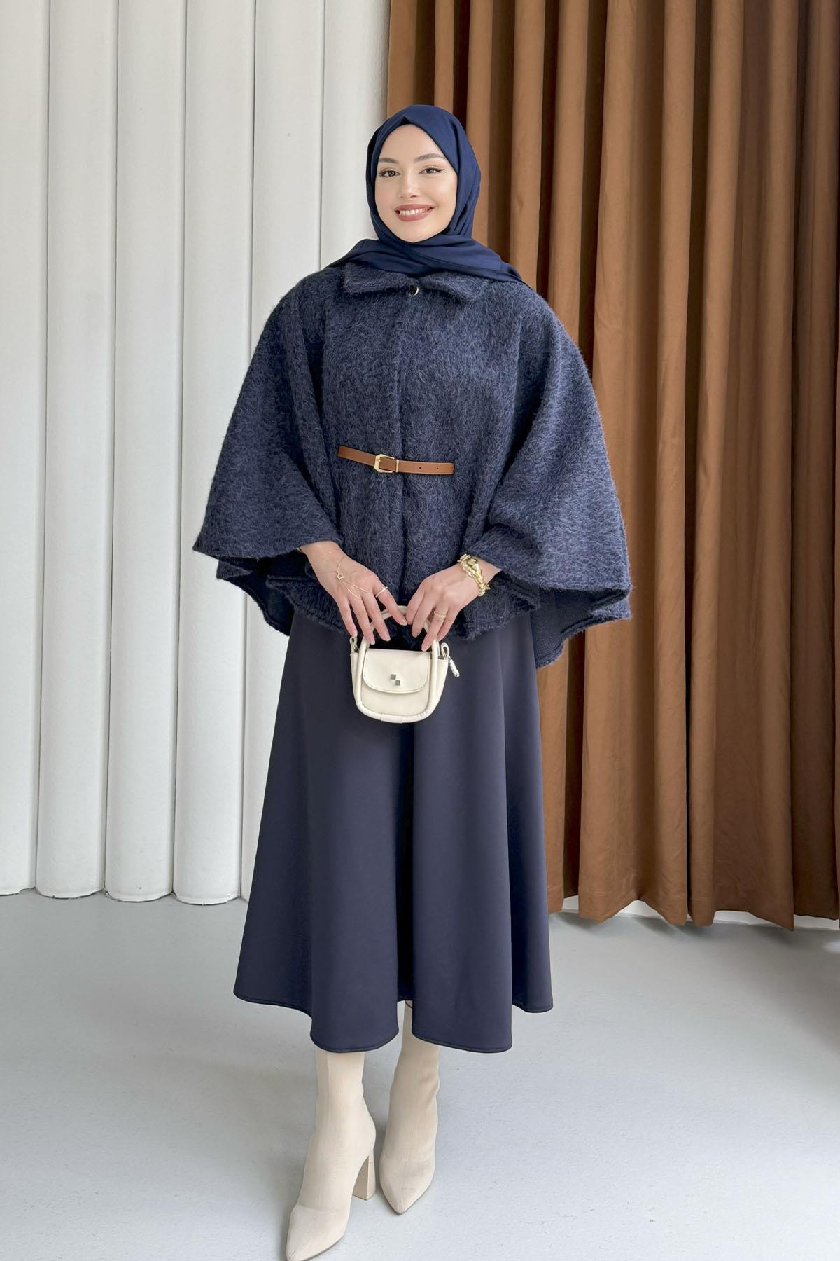 Düğmeli Kemer Detaylı Kırçıllı Kaşe Pelerin Panço-LACİVERT