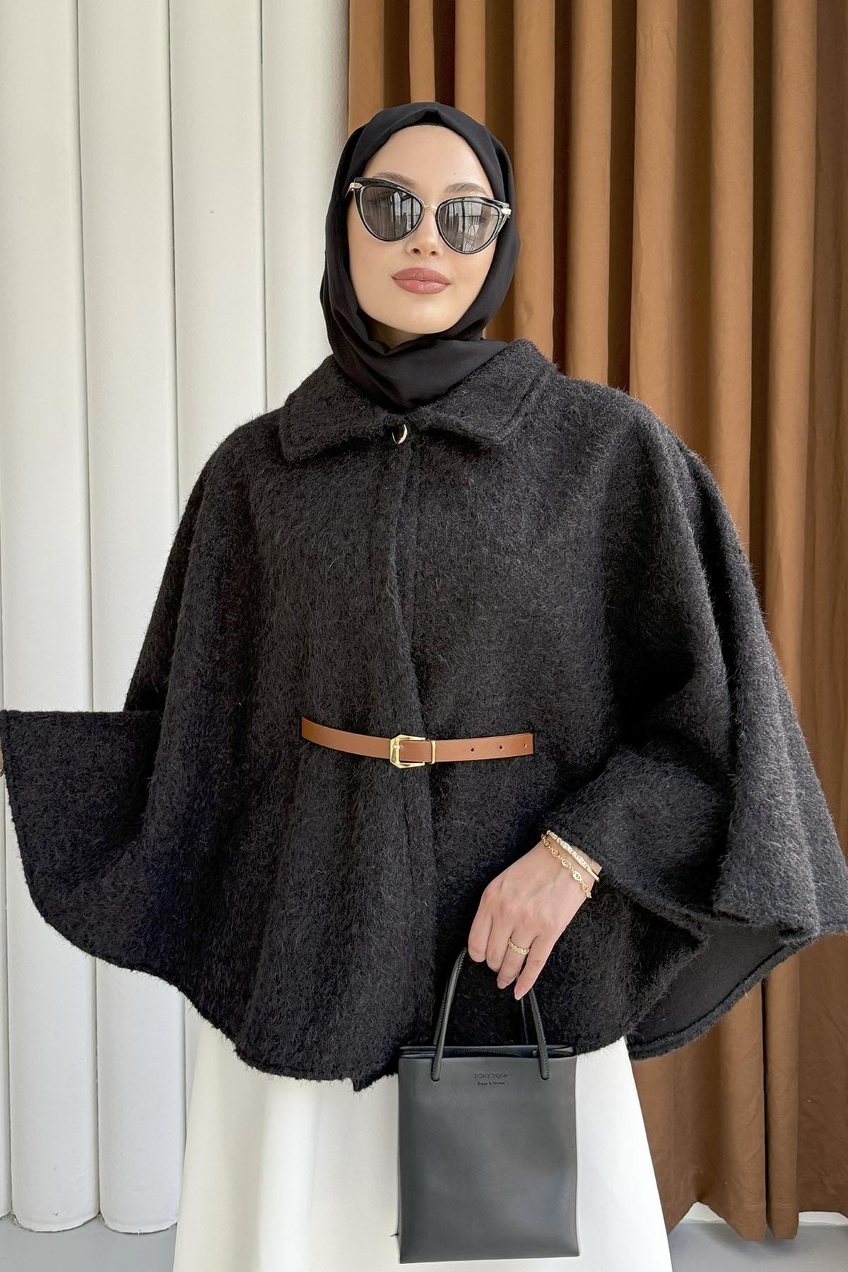 Düğmeli Kemer Detaylı Kırçıllı Kaşe Pelerin Panço-SİYAH