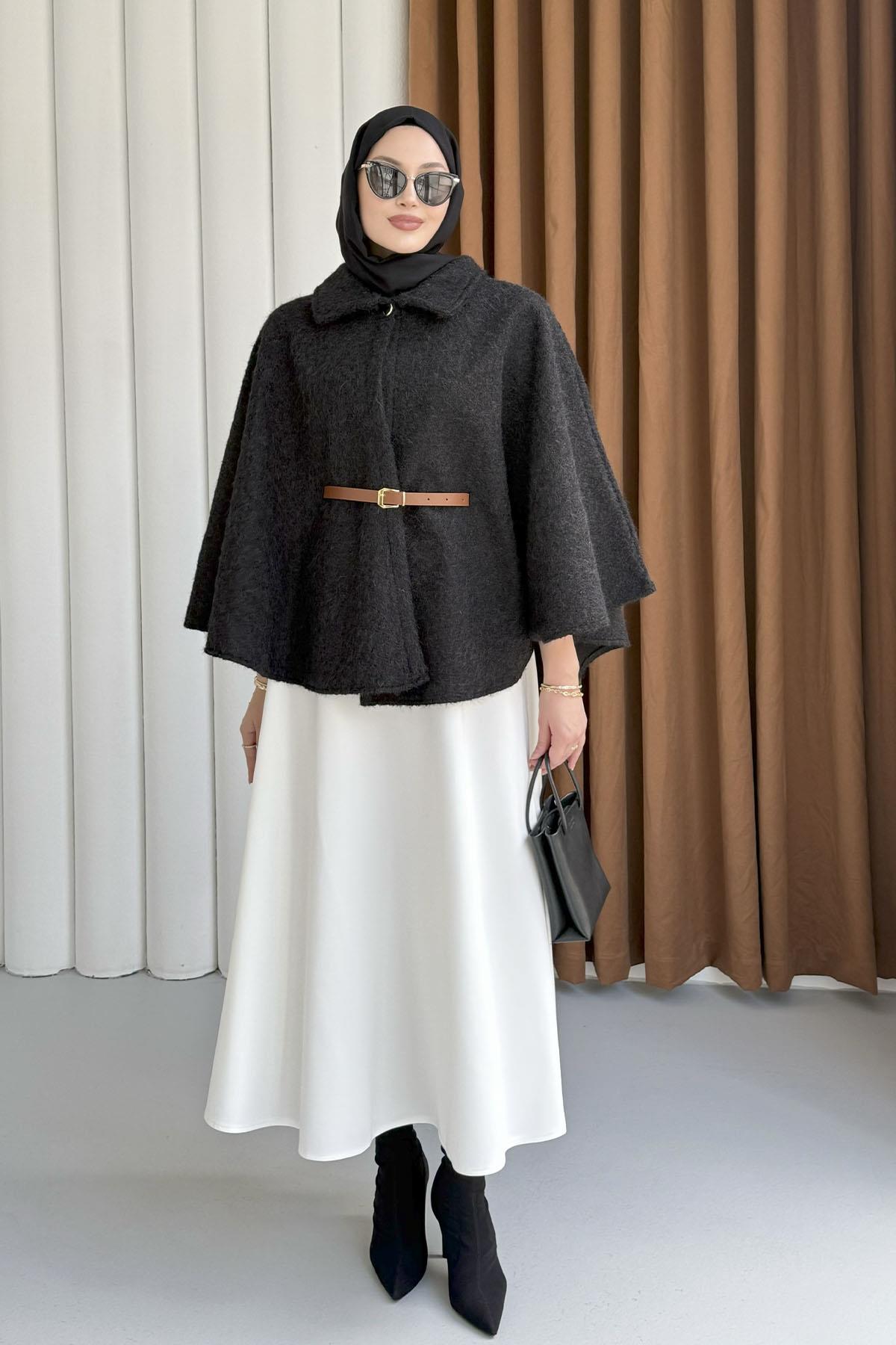 Düğmeli Kemer Detaylı Kırçıllı Kaşe Pelerin Panço-SİYAH