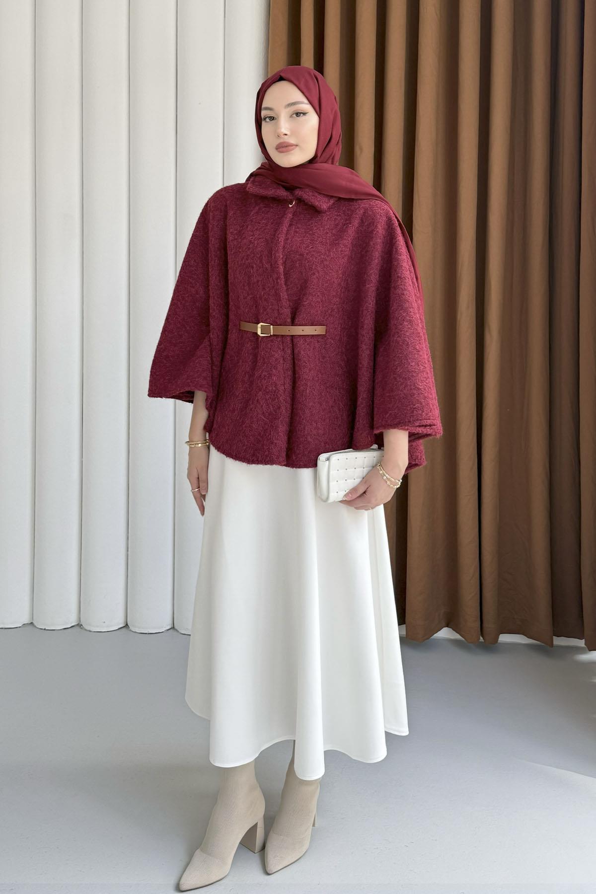 Düğmeli Kemer Detaylı Kırçıllı Kaşe Pelerin Panço-BORDO