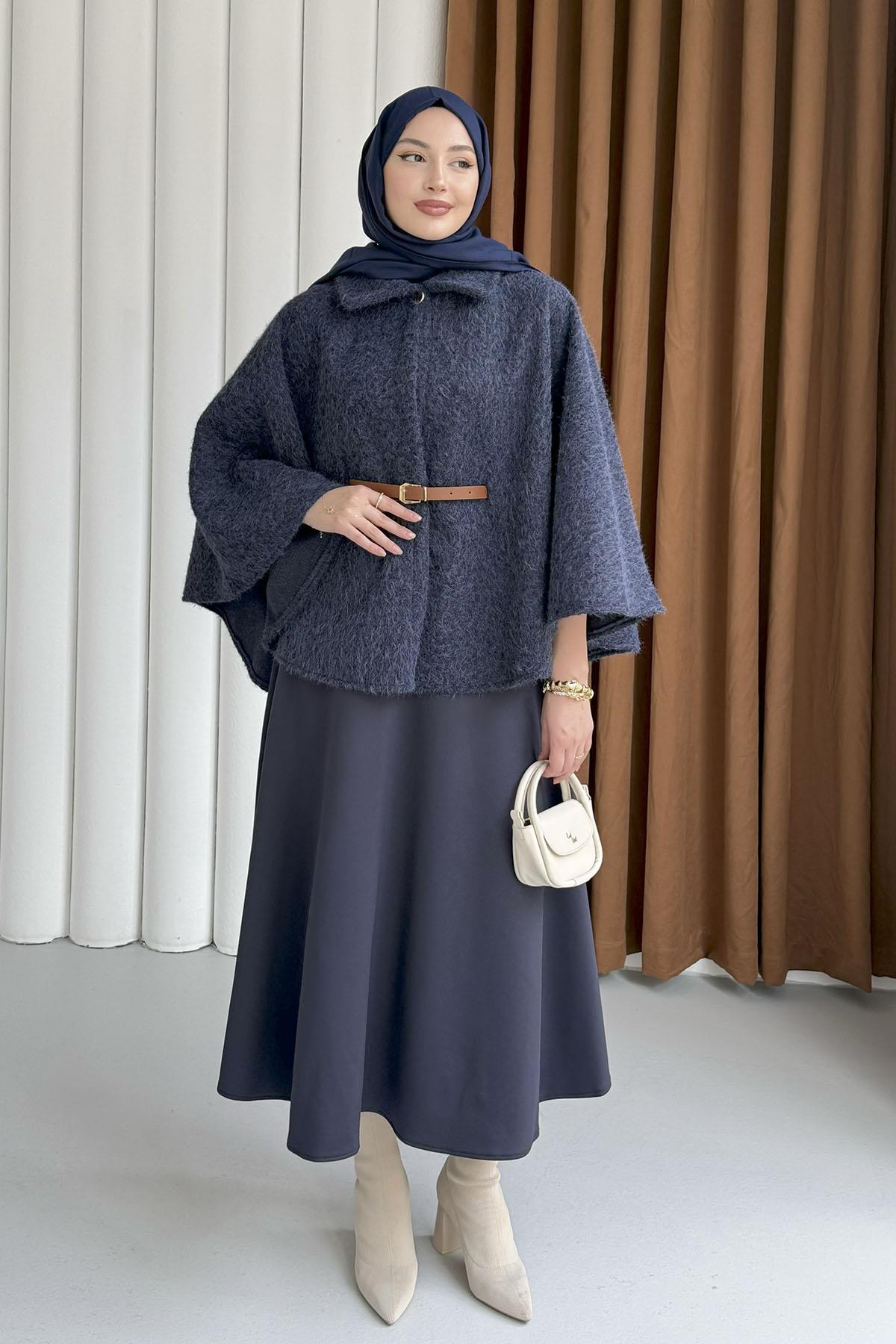 Düğmeli Kemer Detaylı Kırçıllı Kaşe Pelerin Panço-LACİVERT