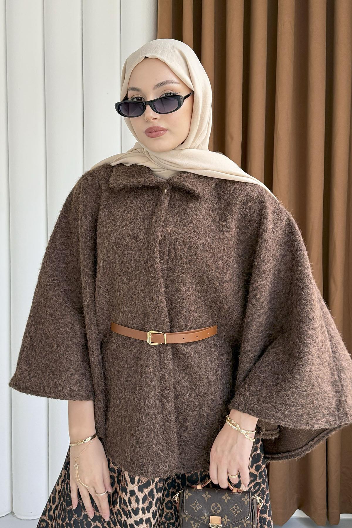 Düğmeli Kemer Detaylı Kırçıllı Kaşe Pelerin Panço-ACI KAHVE