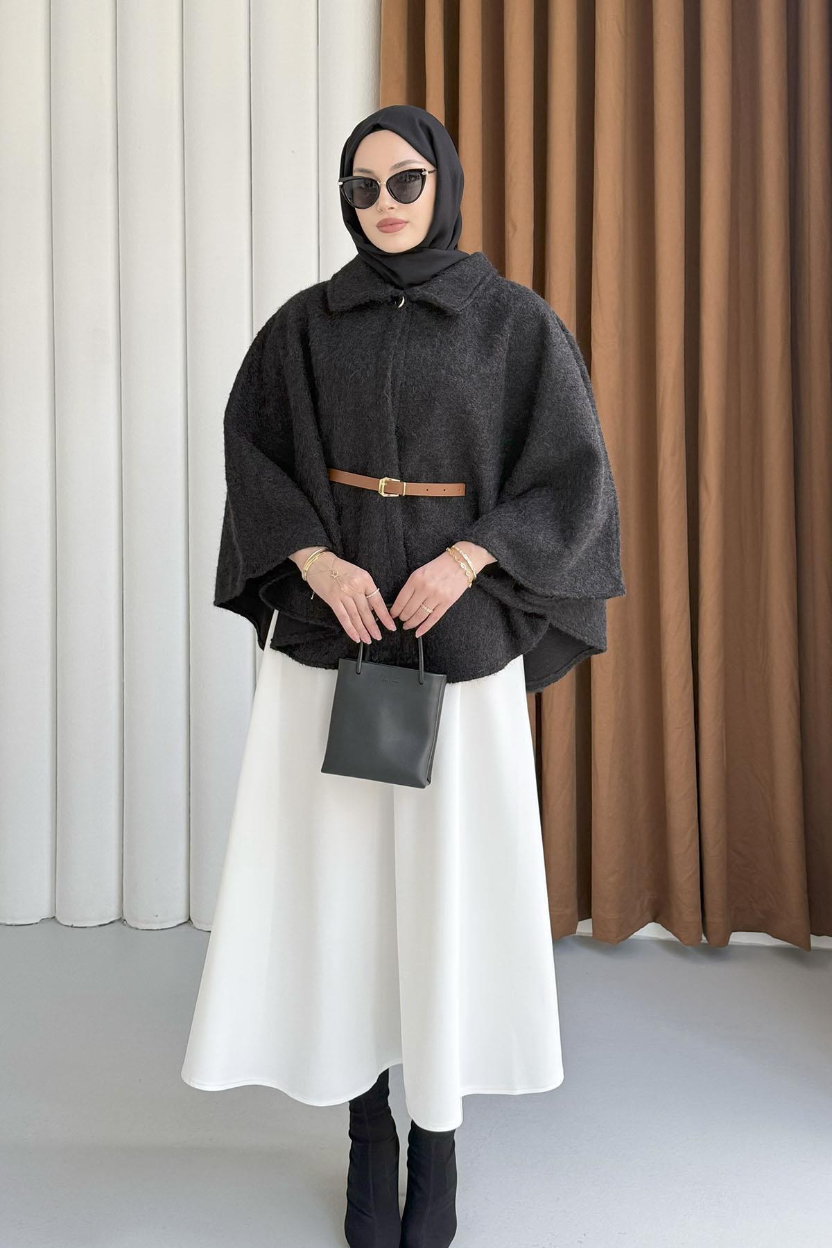 Düğmeli Kemer Detaylı Kırçıllı Kaşe Pelerin Panço-SİYAH