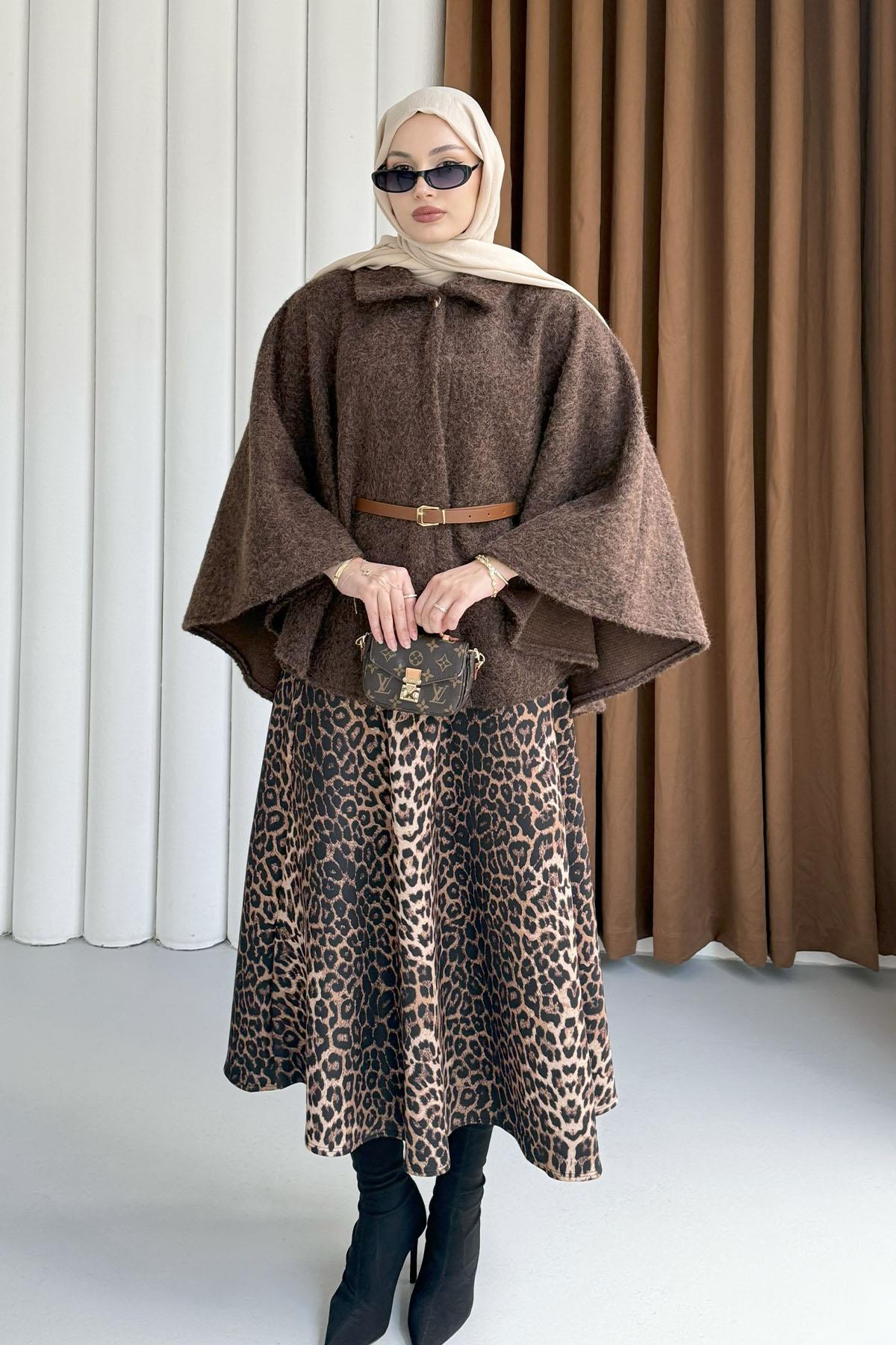 Düğmeli Kemer Detaylı Kırçıllı Kaşe Pelerin Panço-ACI KAHVE