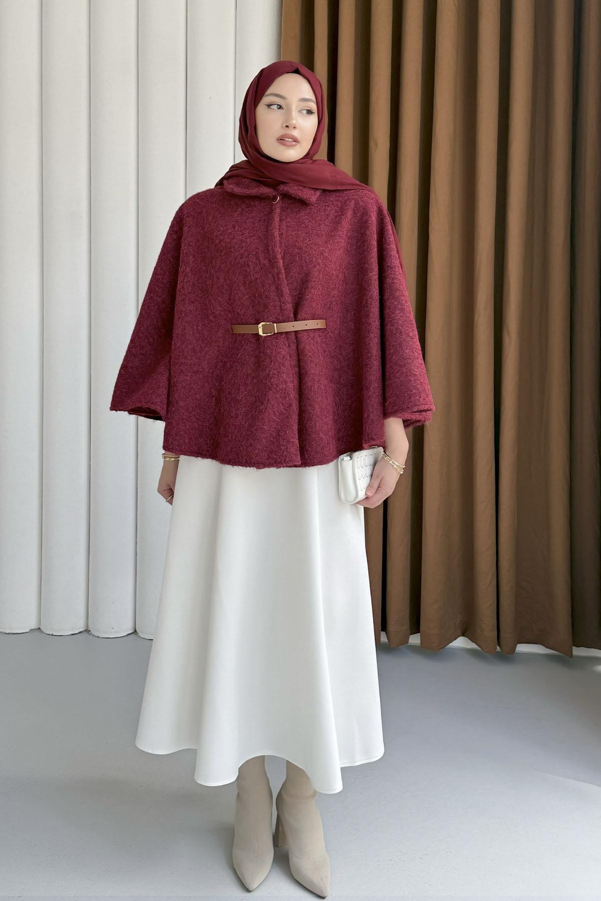 Düğmeli Kemer Detaylı Kırçıllı Kaşe Pelerin Panço-BORDO