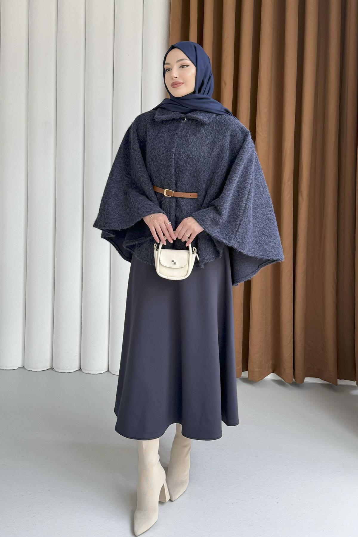 Düğmeli Kemer Detaylı Kırçıllı Kaşe Pelerin Panço-LACİVERT