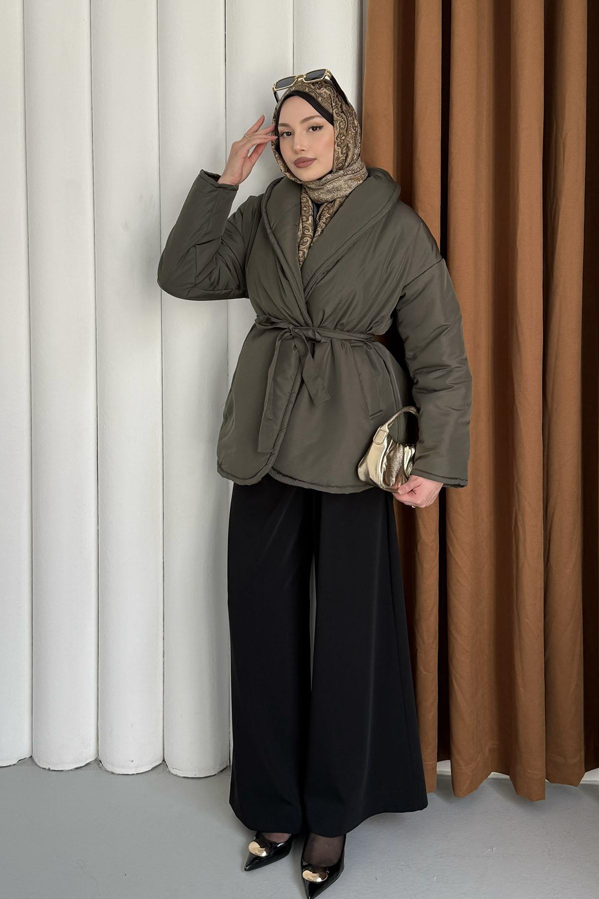 Düz Kuşaklı Cepli Şişme Mont-HAKİ YEŞİL