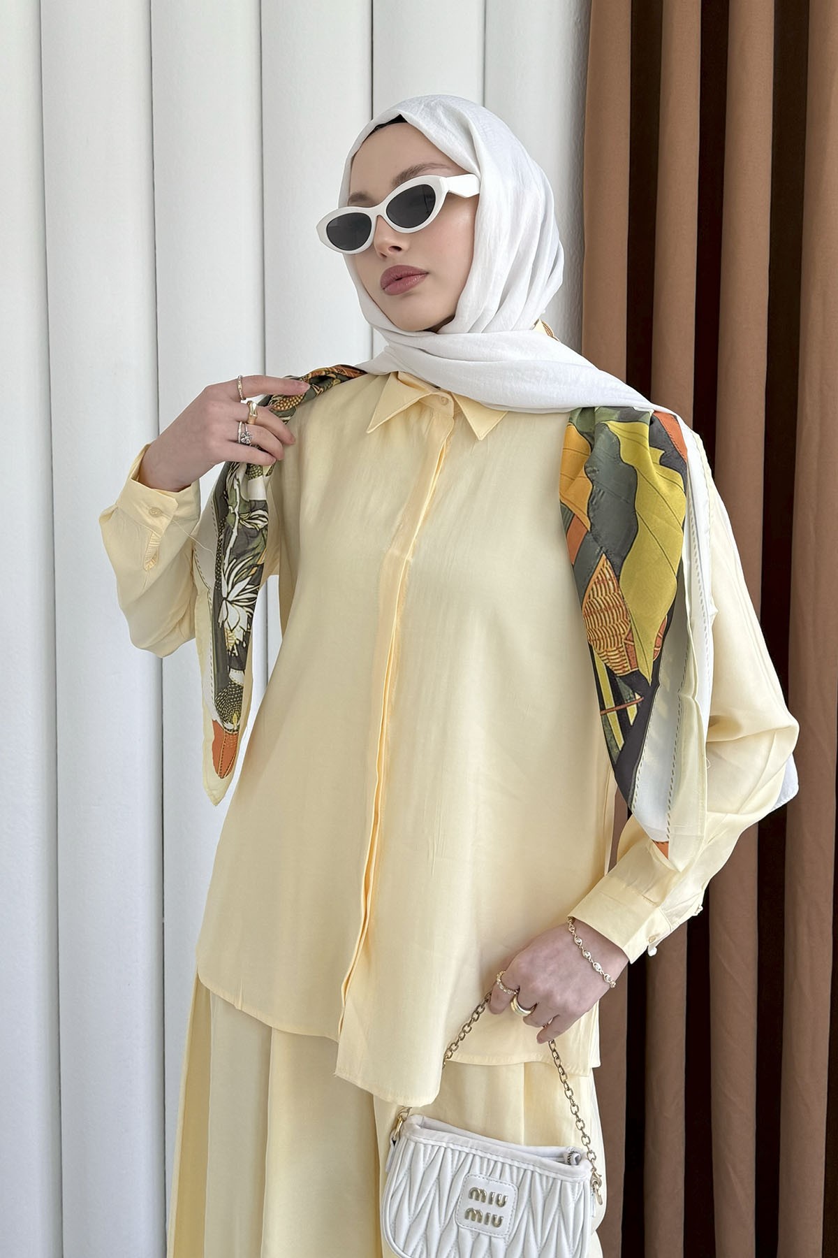 Efsun Şal Detaylı Pantolon Tesettür Takım-SARI