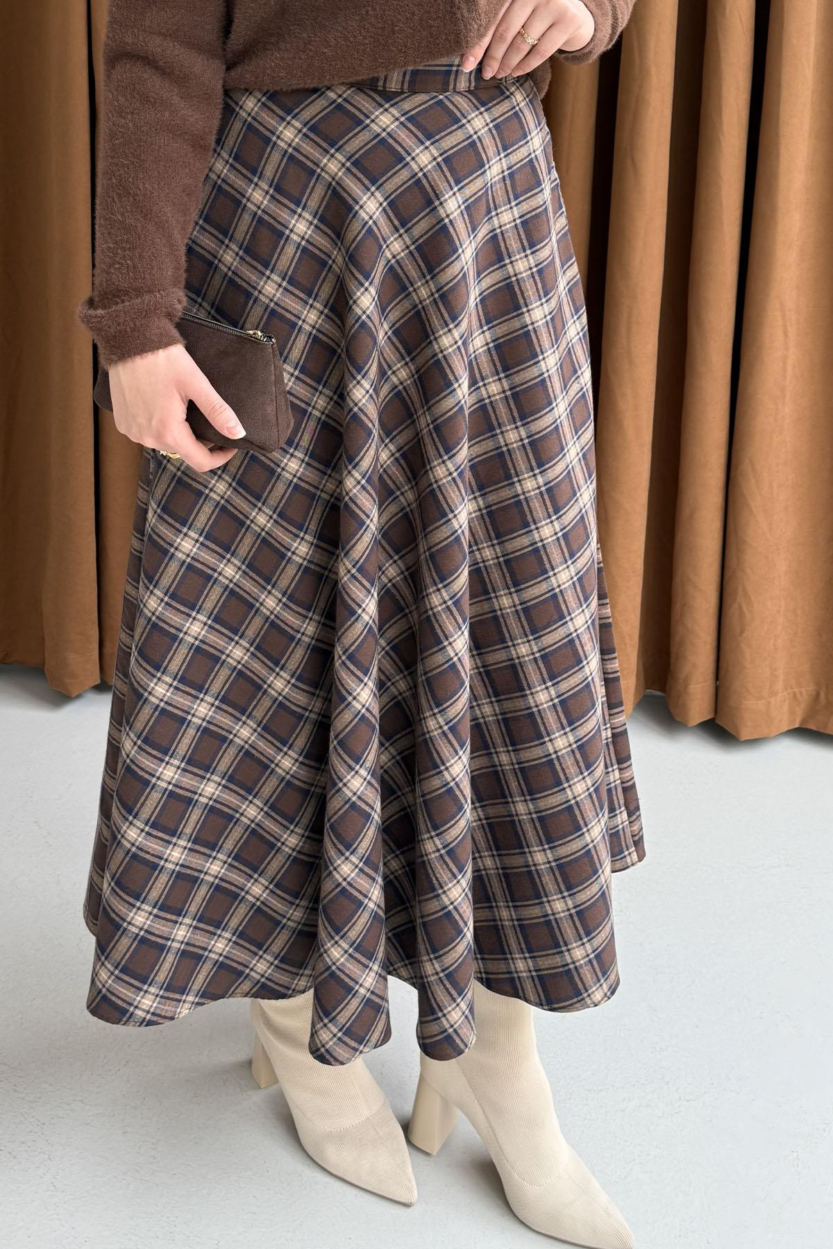 Ekose Desenli Verev Etek-LACİVERT