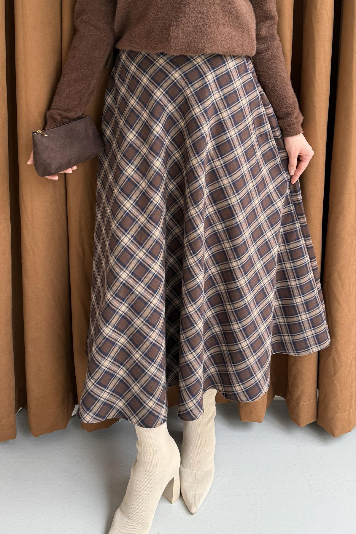 Ekose Desenli Verev Etek-LACİVERT