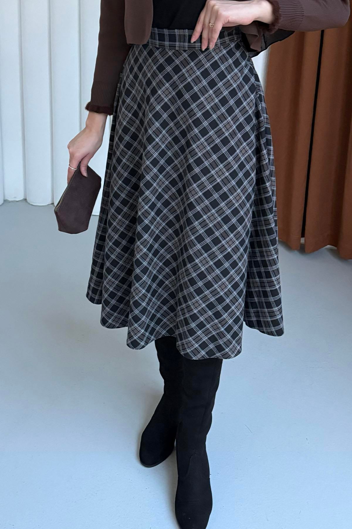 Ekose Desenli Verev Etek-SİYAH