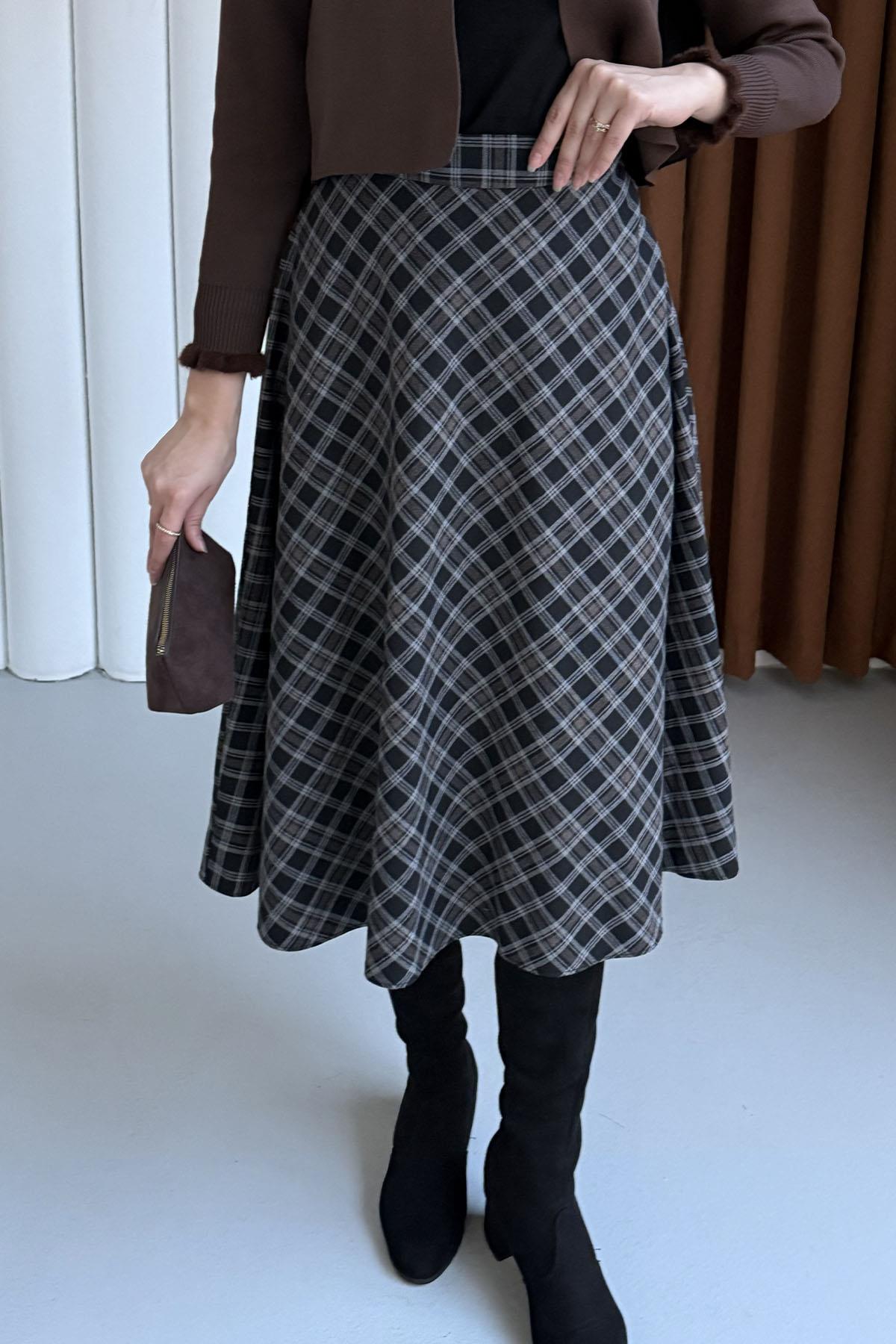 Ekose Desenli Verev Etek-SİYAH