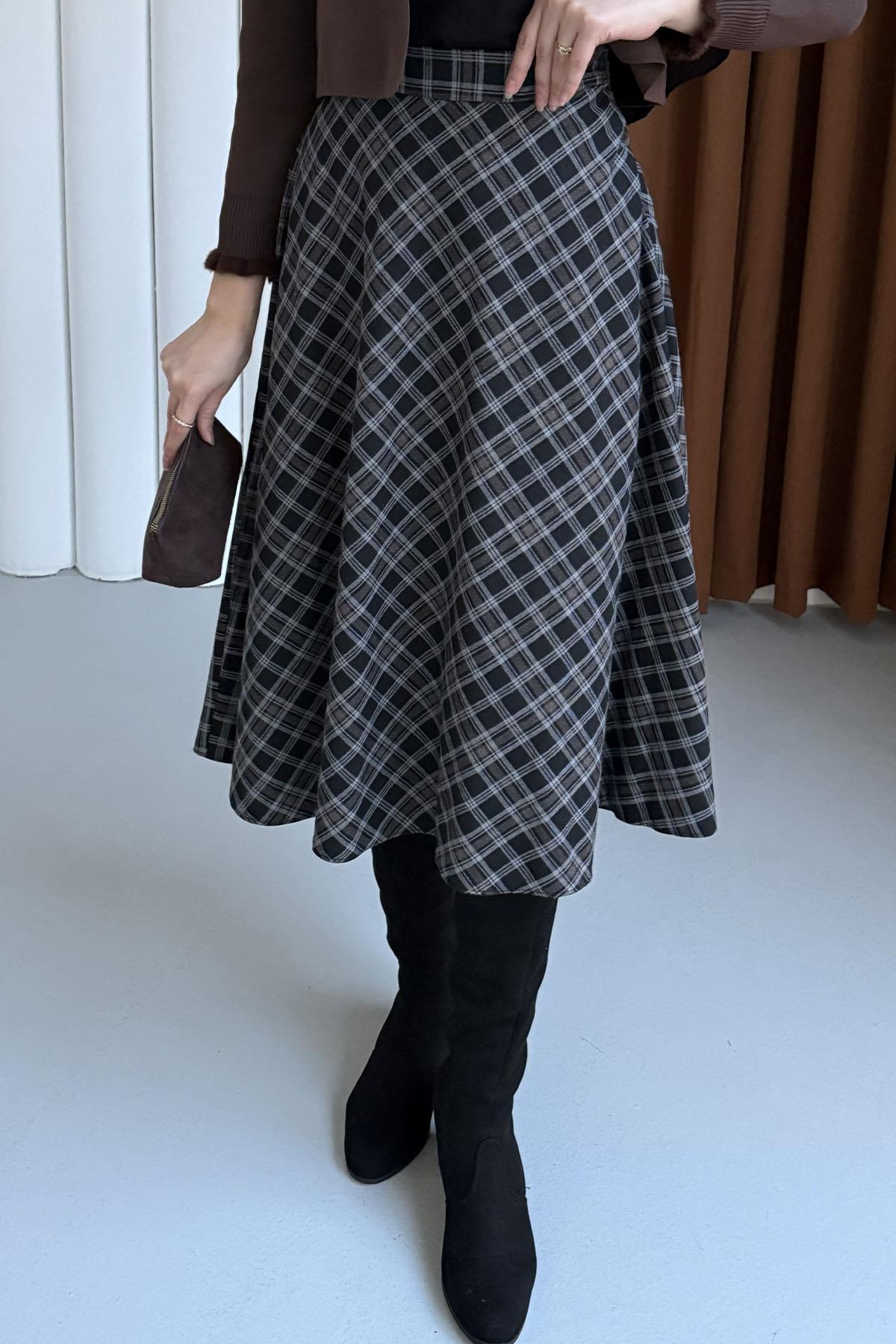 Ekose Desenli Verev Etek-SİYAH