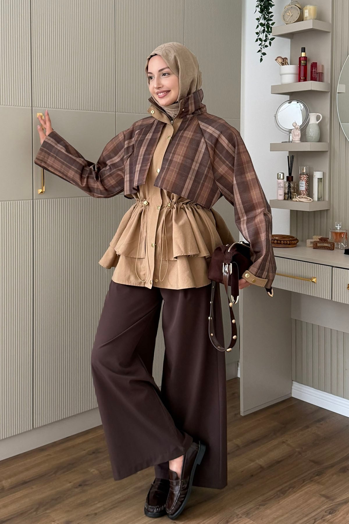 Ekose Detaylı Çift Renkli Premium Ceket Trençkot-CAMEL