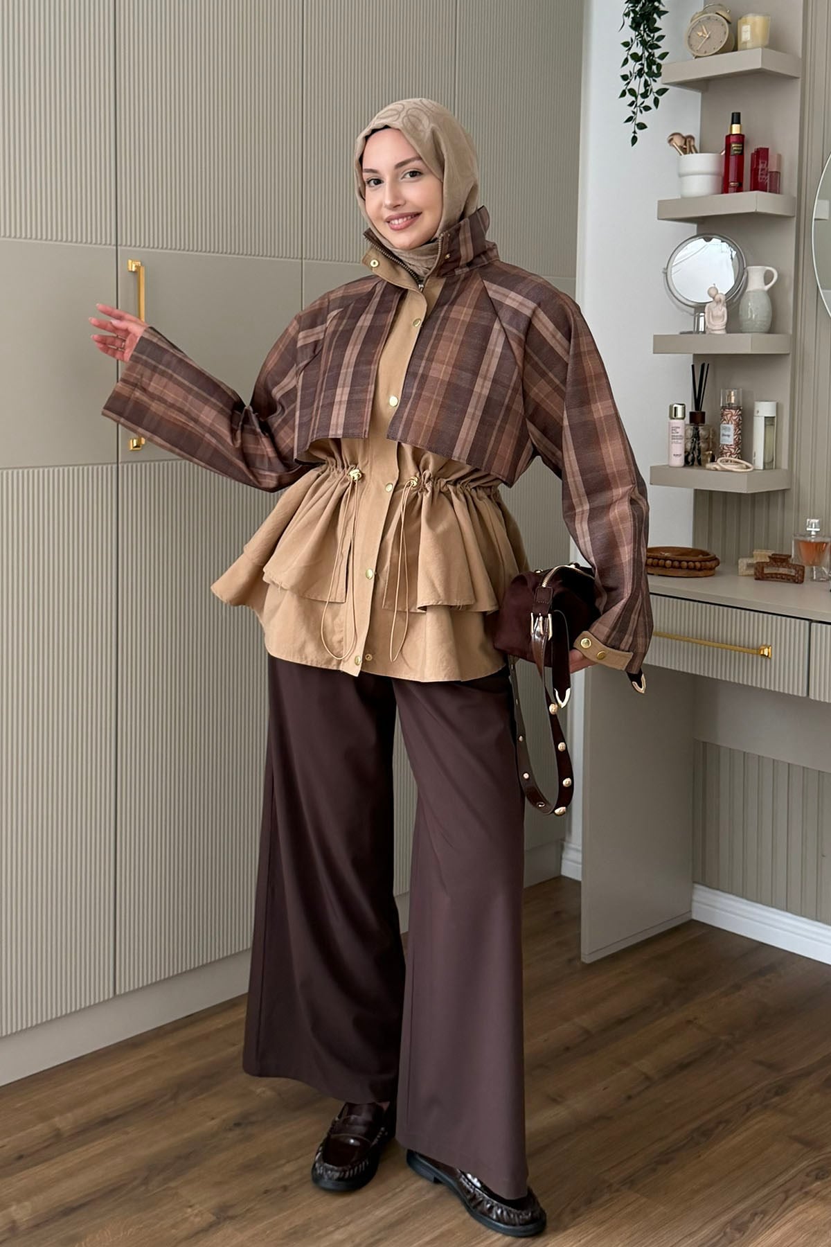 Ekose Detaylı Çift Renkli Premium Ceket Trençkot-CAMEL