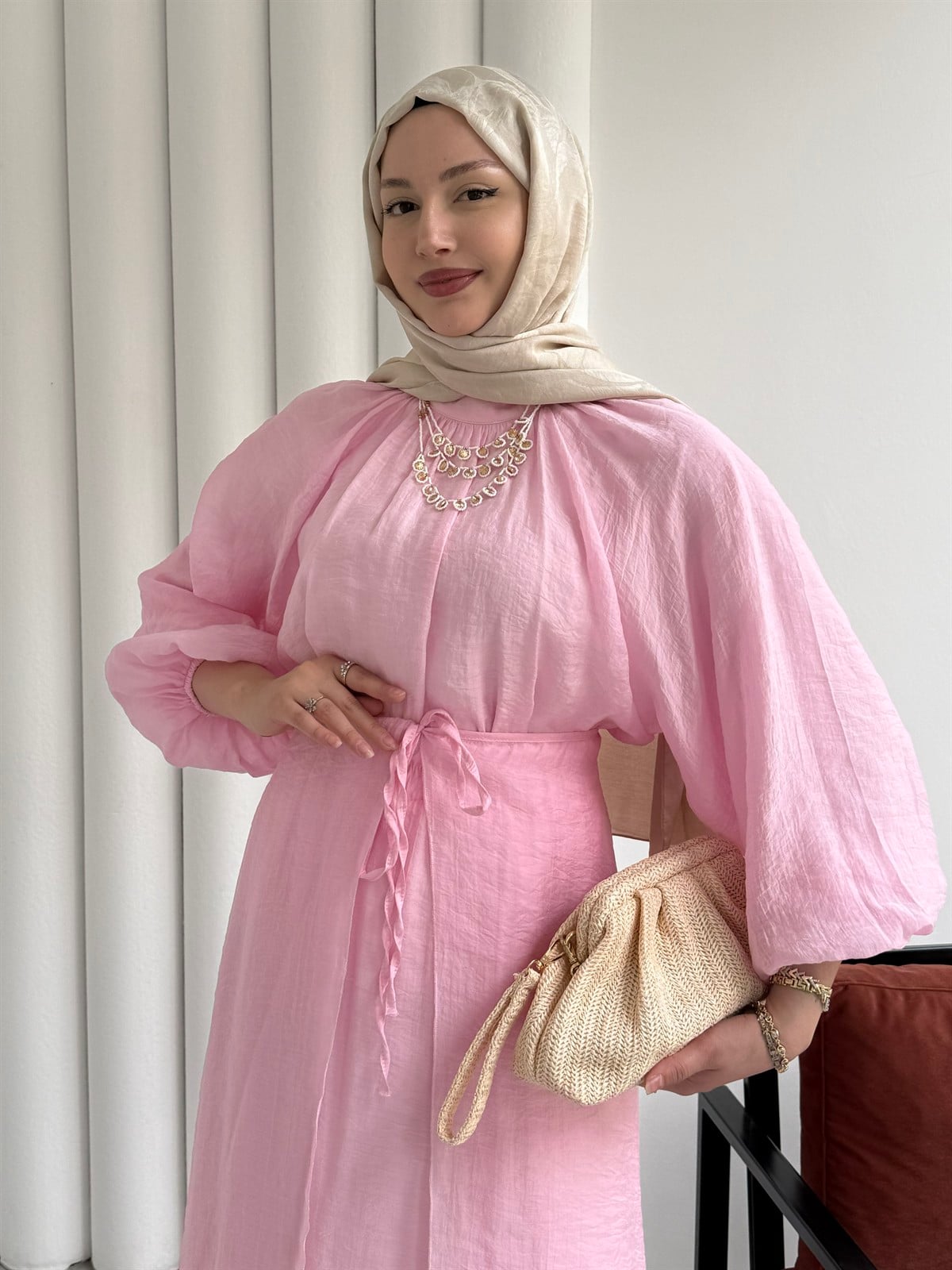 Elara Premium Balon Kol Etekli Tesettür Takım-PEMBE