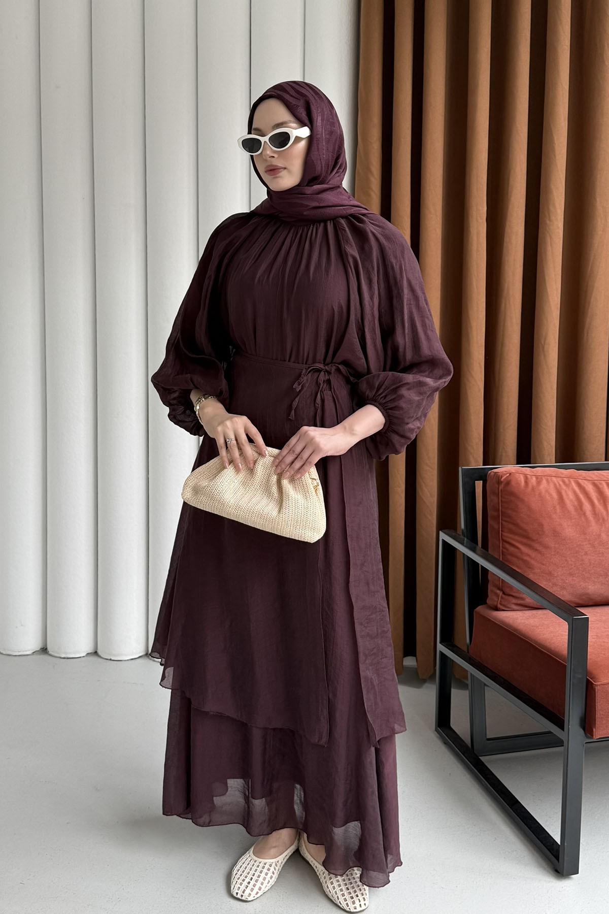 Elara Premium Balon Kol Etekli Tesettür Takım-BORDO