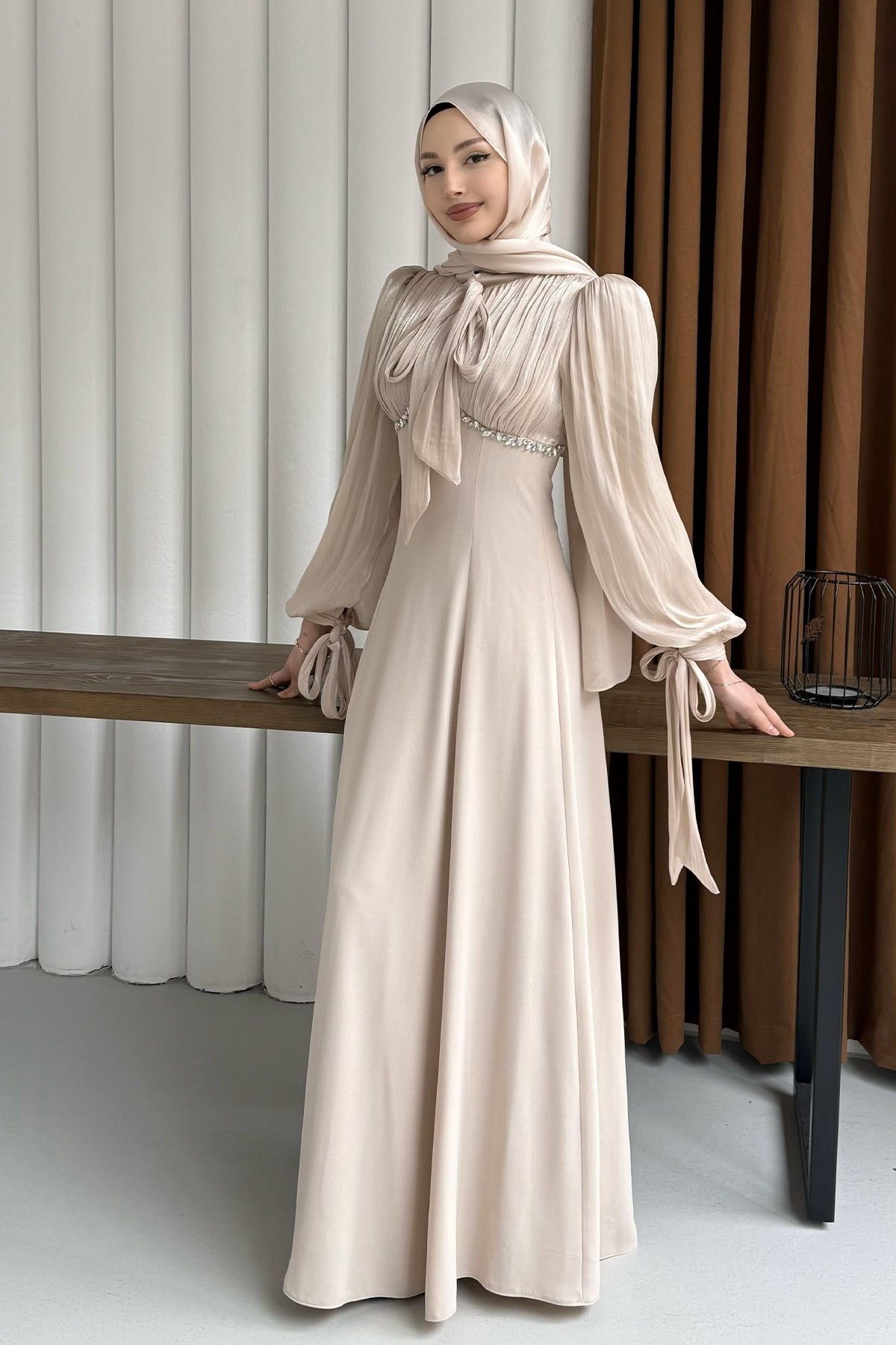 Elegance Taş Detaylı Balon Kol Tesettür Abiye-TAŞ